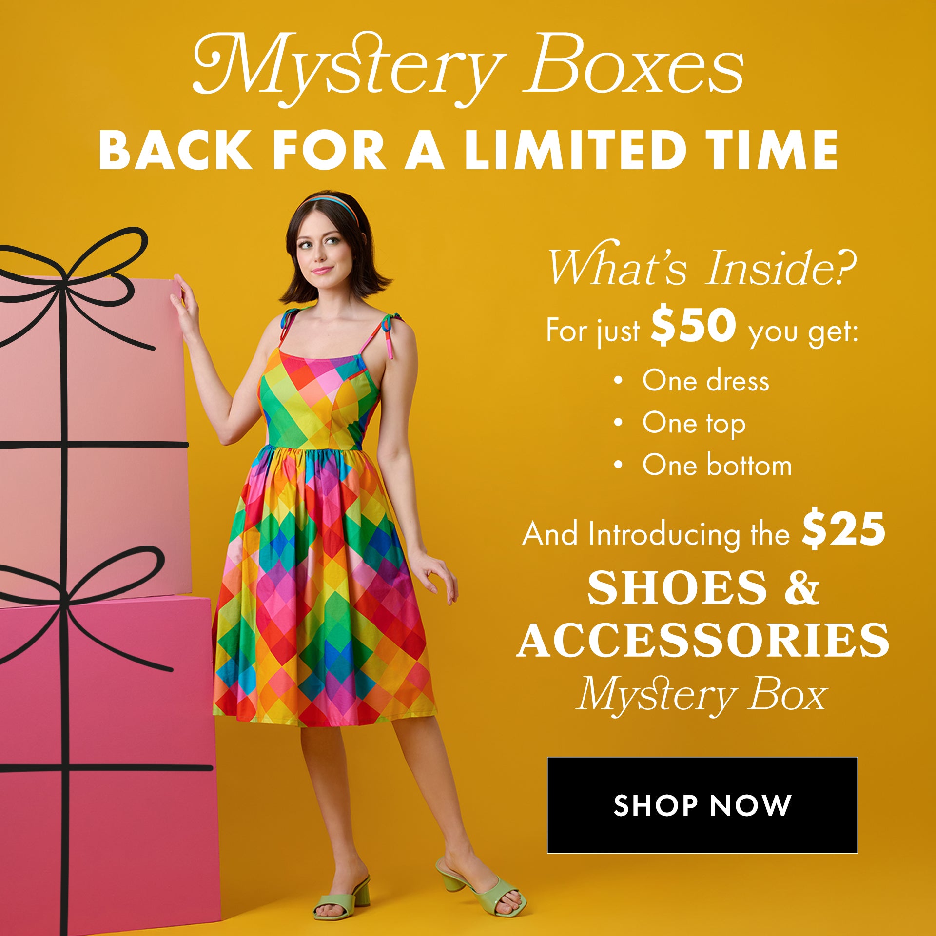 Promotional advertisement for mystery boxes with a woman in a colorful dress on a yellow background.
