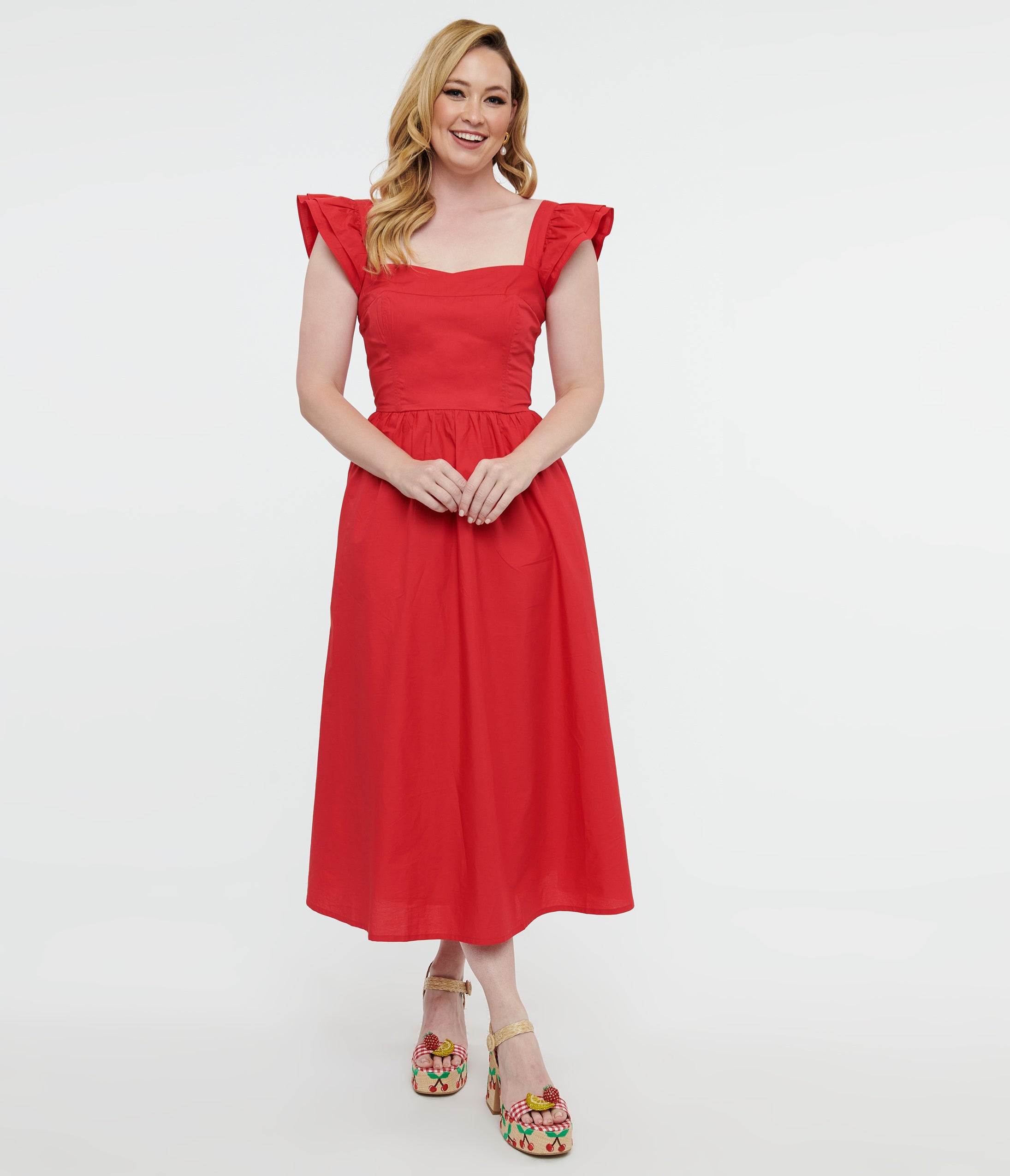 1930s Red Flutter Sleeve Poplin Midi Dress - Unique Vintage - Womens, DRESSES, MIDI