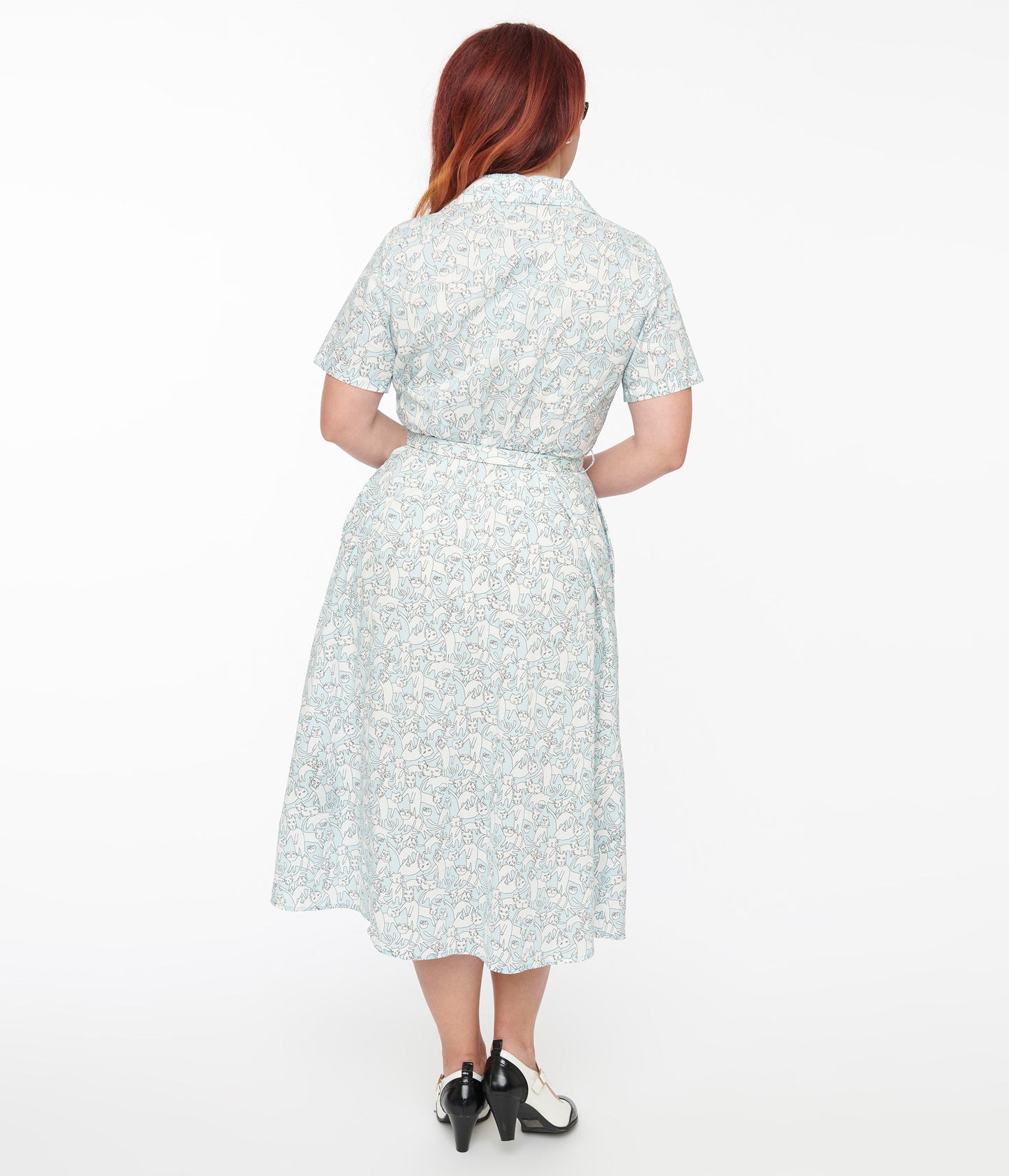 1940s Light Blue & White Cat Print Cotton Midi Dress - Unique Vintage - Womens, DRESSES, FIT AND FLARE