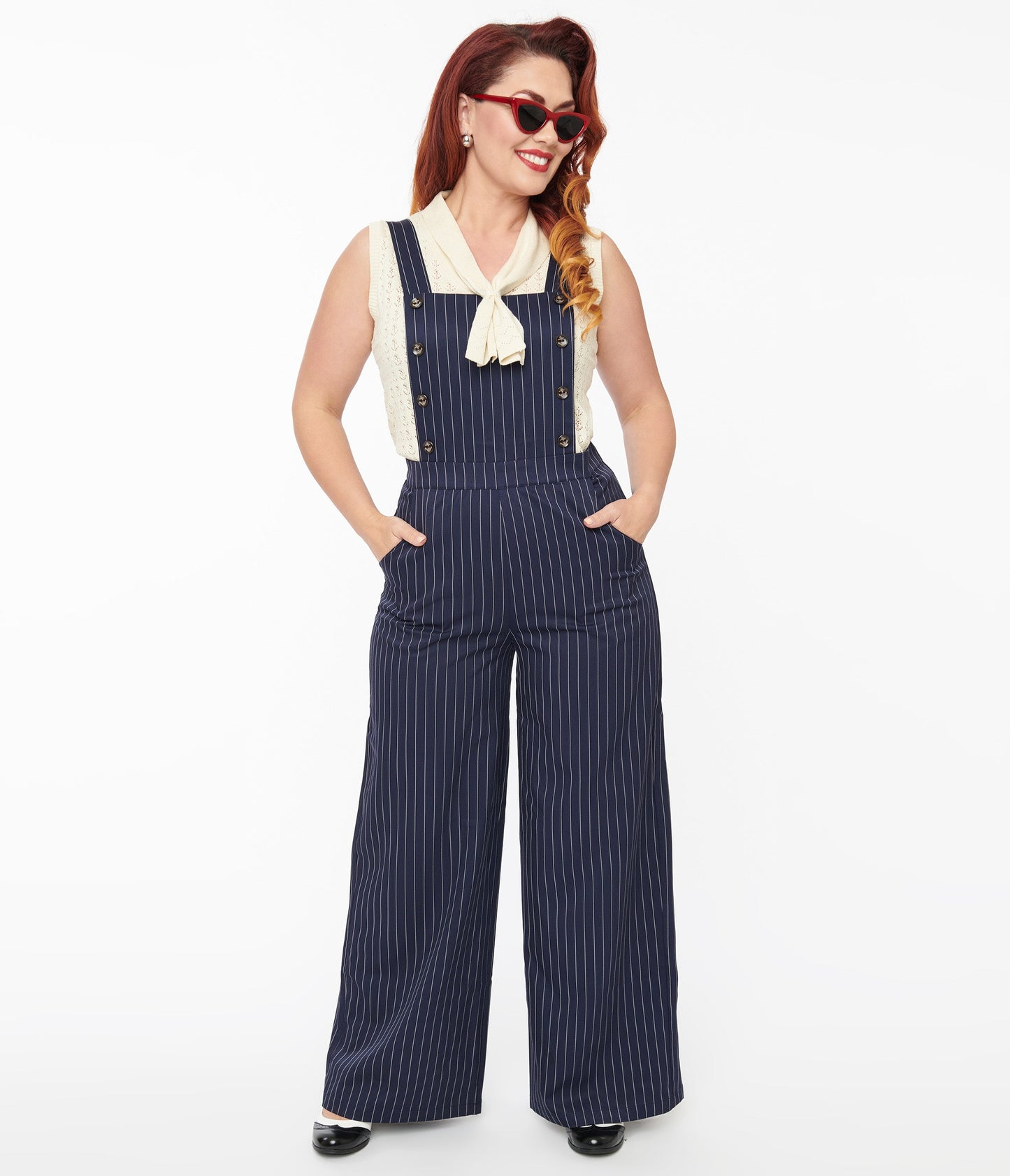 1940s Navy & White Pinstripe Wide Leg Overalls - Unique Vintage - Womens, BOTTOMS, ROMPERS AND JUMPSUITS