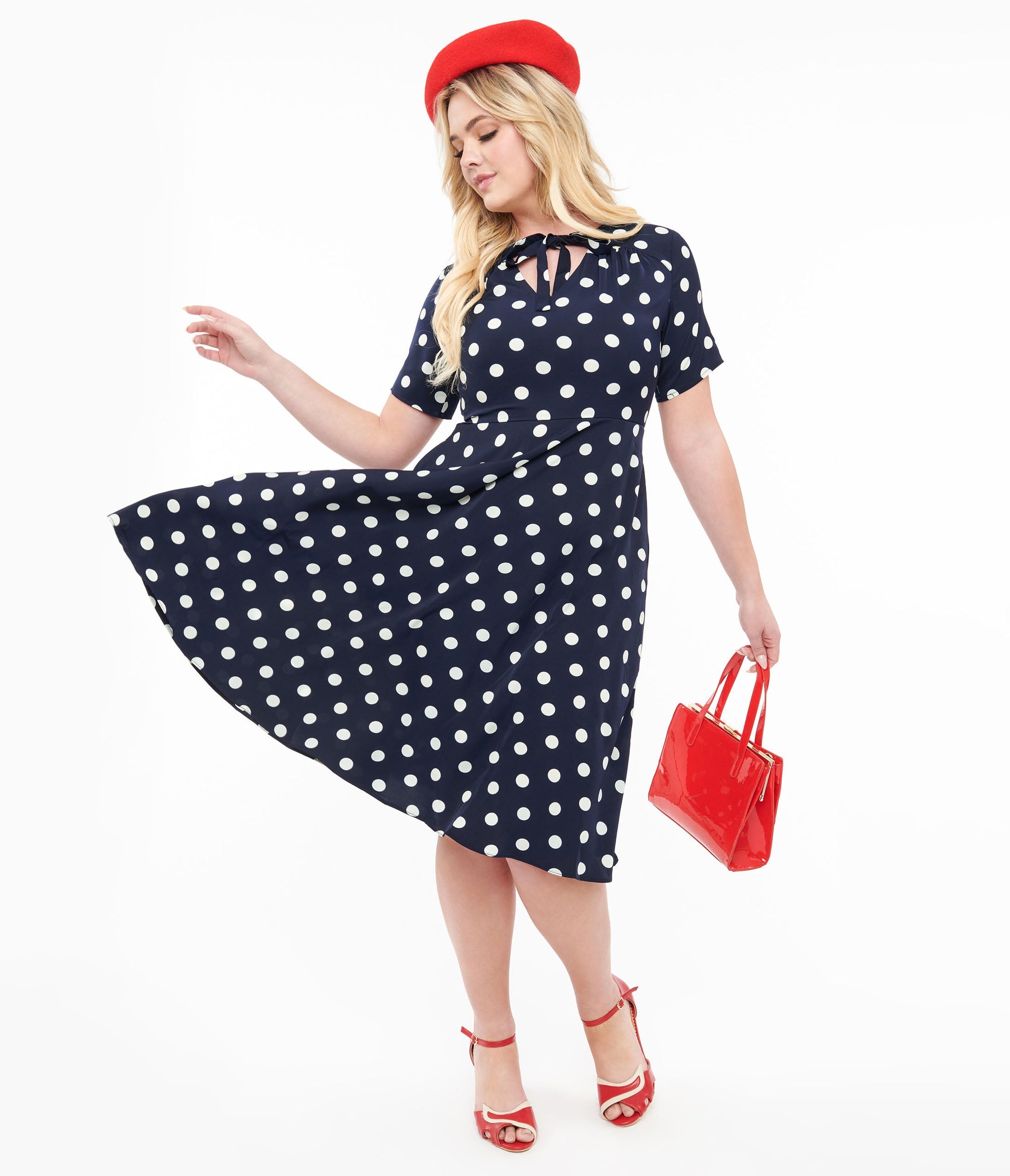 1940s Navy & White Polka Dot Set Sail Swing Dress - Unique Vintage - Womens, DRESSES, FIT AND FLARE