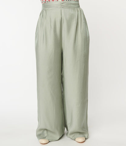 1940s Plus Size Sage Green Wide Leg Trousers - Unique Vintage - Womens, BOTTOMS, PANTS