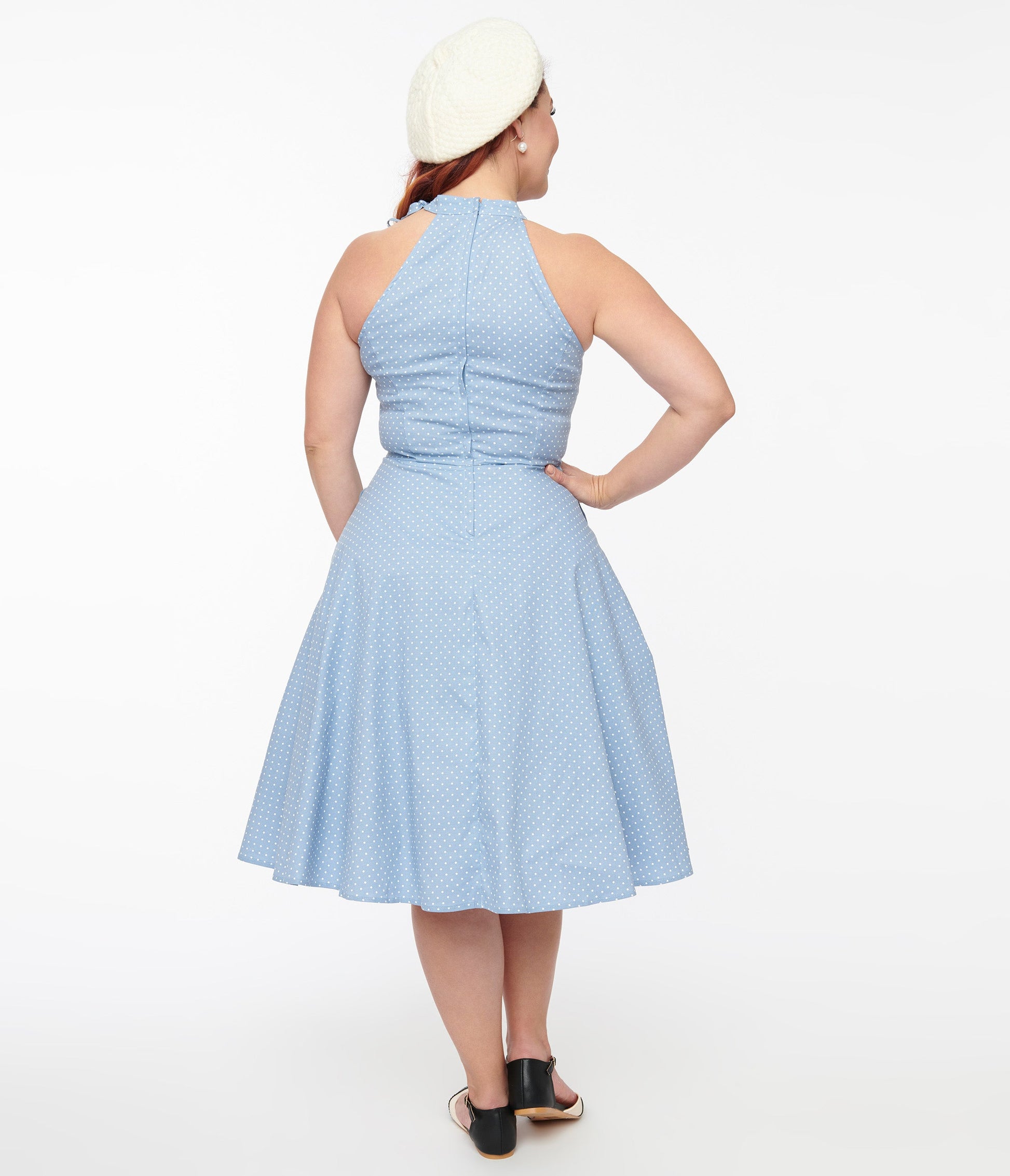 1940s Sky Blue & White Dot Halter Hattie Cotton Swing Dress - Unique Vintage - Womens, DRESSES, FIT AND FLARE