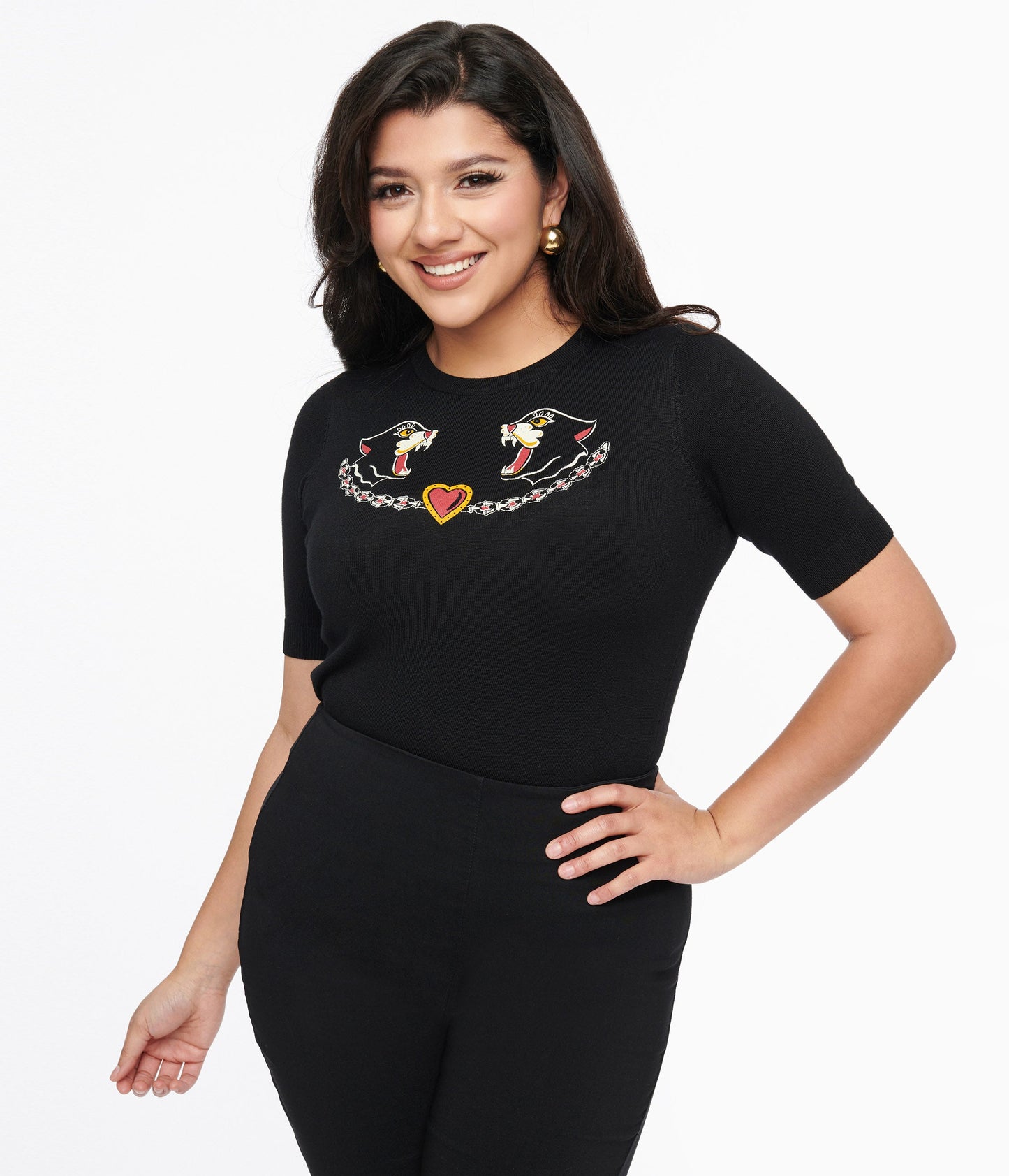 1950s Black Cats Print Knit Top - Unique Vintage - Womens, TOPS, KNIT TOPS