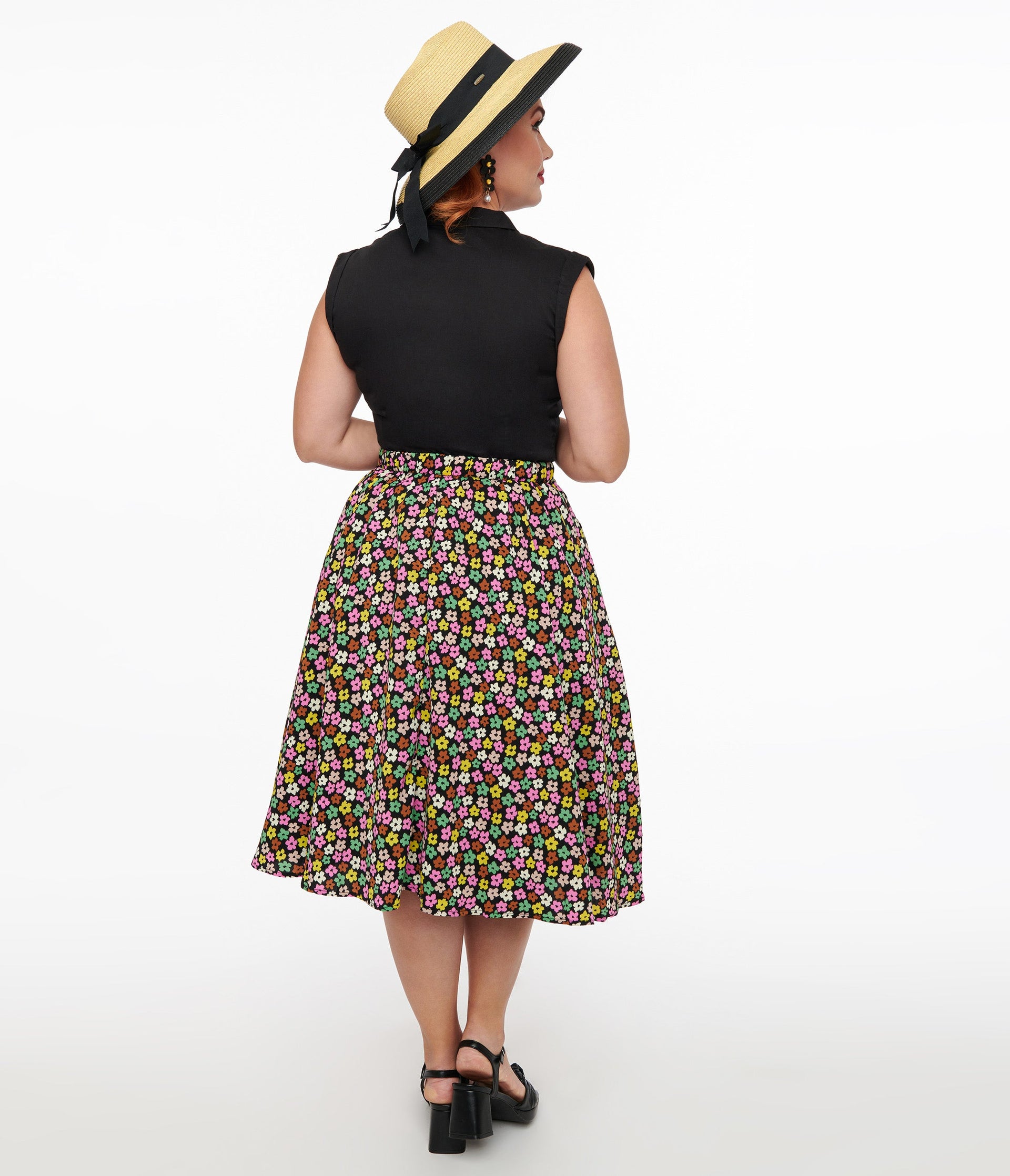 1950s Black & Multicolor Flower Print Swing Skirt - Unique Vintage - Womens, BOTTOMS, SKIRTS
