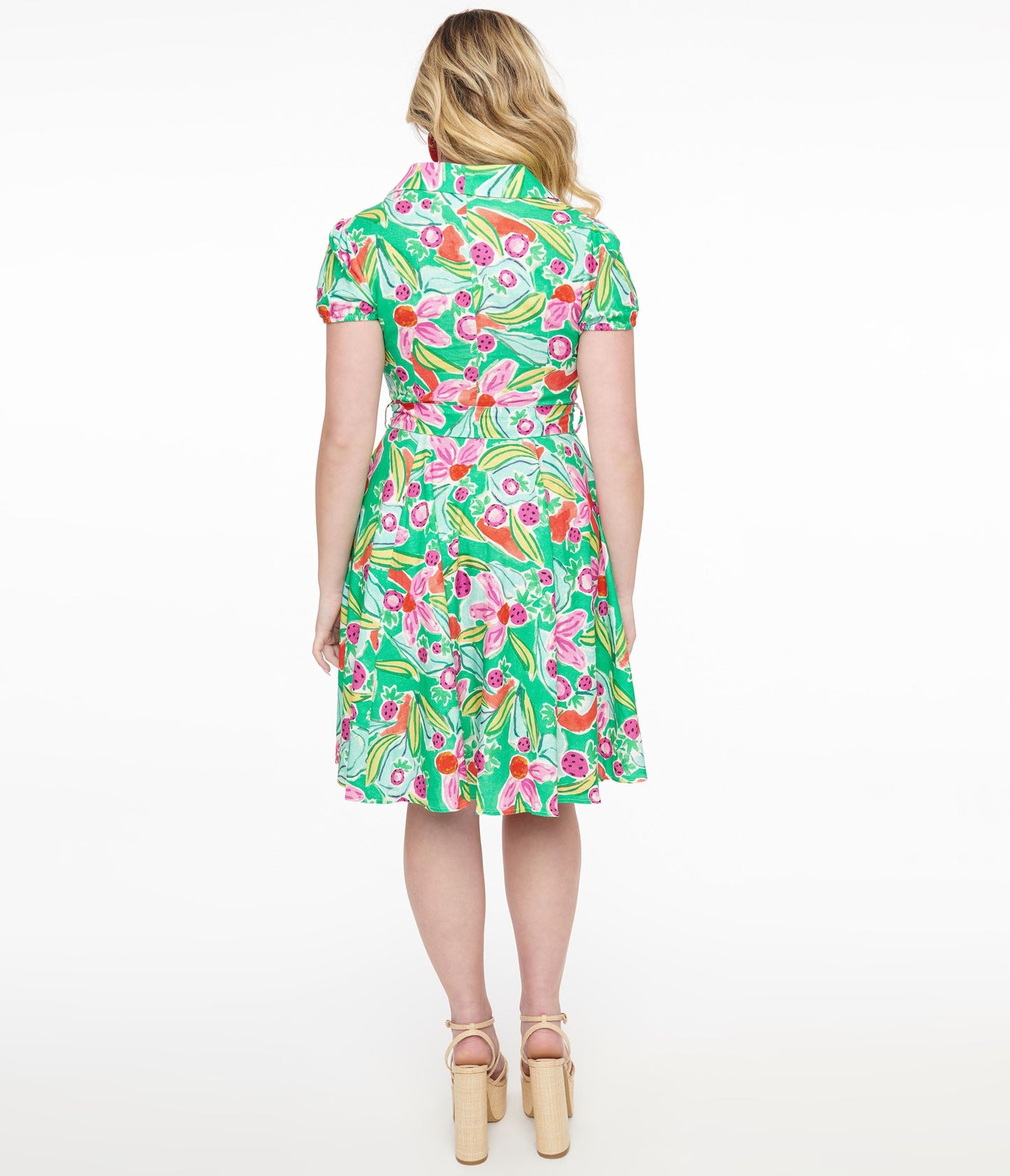 1950s Green & Pink Berry Bloom Print Monroe Fit & Flare Dress - Unique Vintage - Womens, DRESSES, SWING