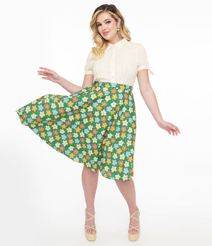 1950s Green Retro Floral Cotton Swing Skirt - Unique Vintage - Womens, BOTTOMS, SKIRTS