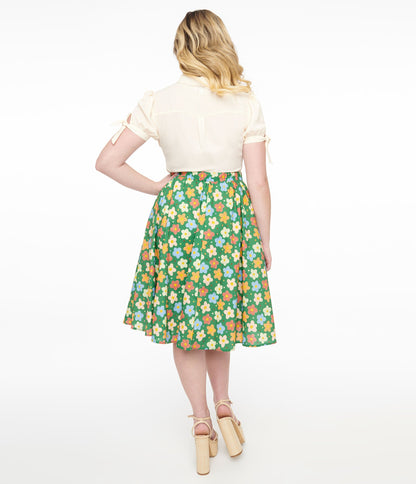 1950s Green Retro Floral Cotton Swing Skirt - Unique Vintage - Womens, BOTTOMS, SKIRTS