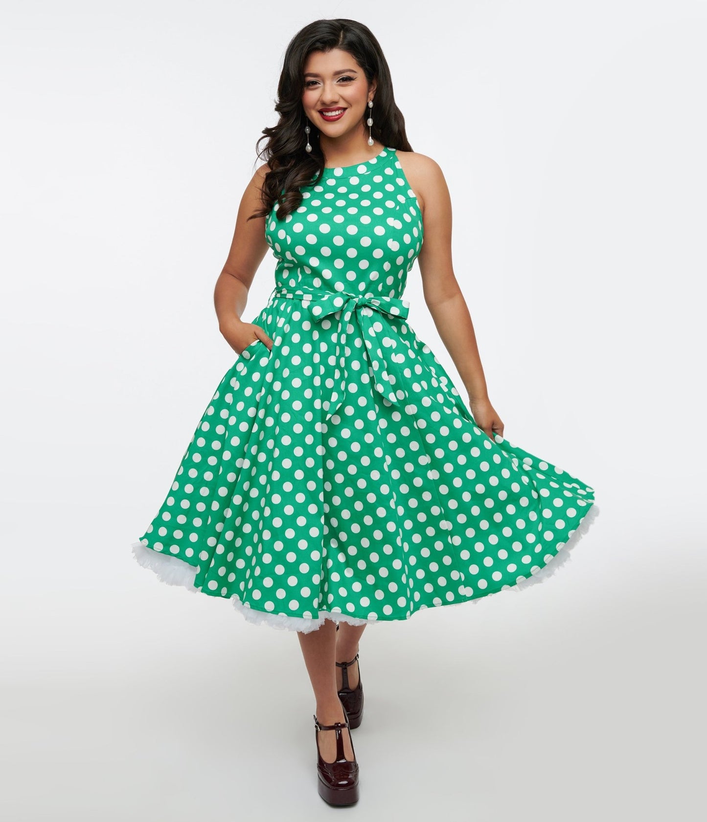 1950s Green & White Polka Dot Tie Swing Dress - Unique Vintage - Womens, DRESSES, SWING