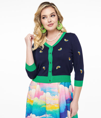 1950s Navy & Green Rainbow Embroidered Skye Cardigan - Unique Vintage - Womens, TOPS, SWEATERS