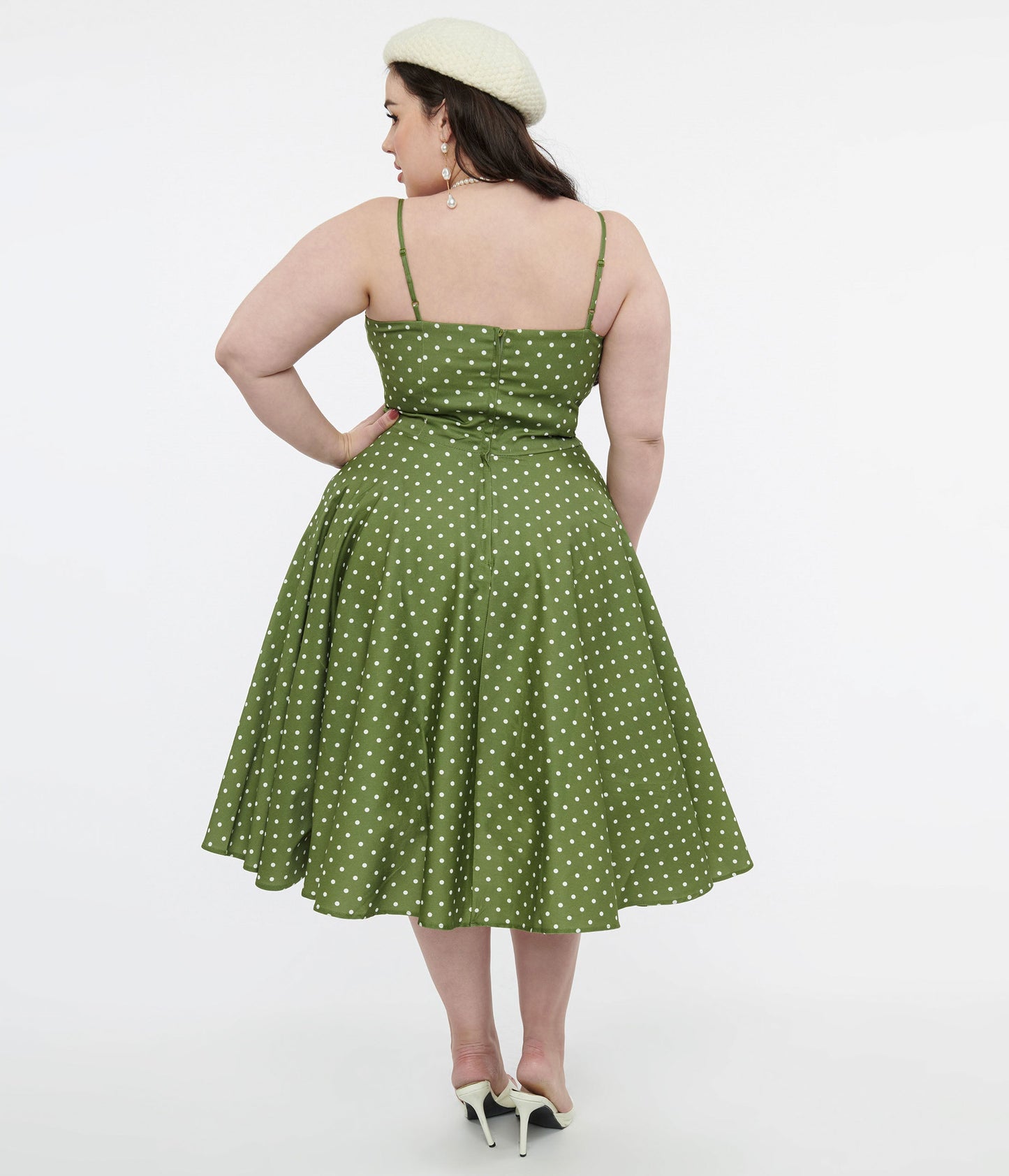 1950s Olive Green & White Polka Dot Peggy Cotton Swing Dress - Unique Vintage - Womens, DRESSES, SWING