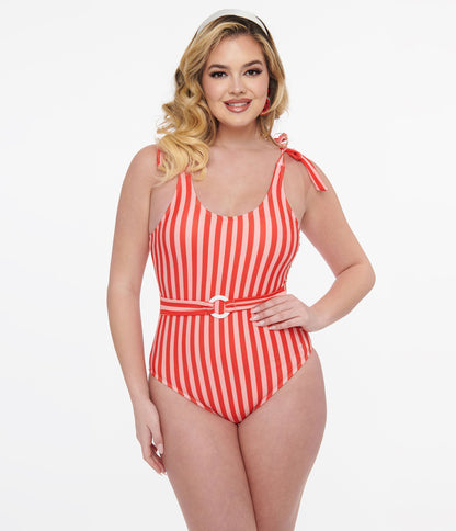1950s Red Striped Belted One Piece Swimsuit - Unique Vintage - Womens, SWIM, 1 PC