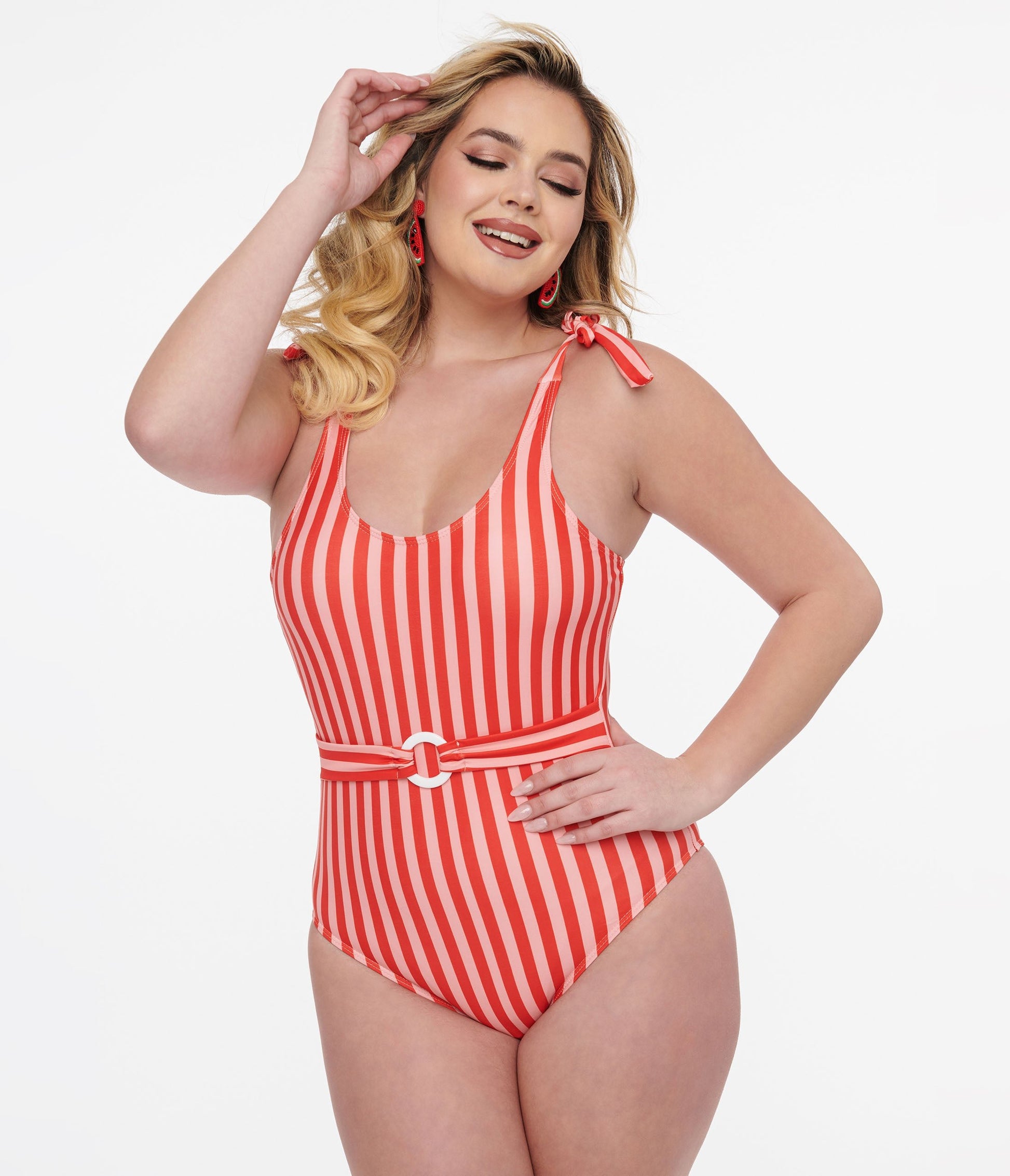 1950s Red Striped Belted One Piece Swimsuit - Unique Vintage - Womens, SWIM, 1 PC