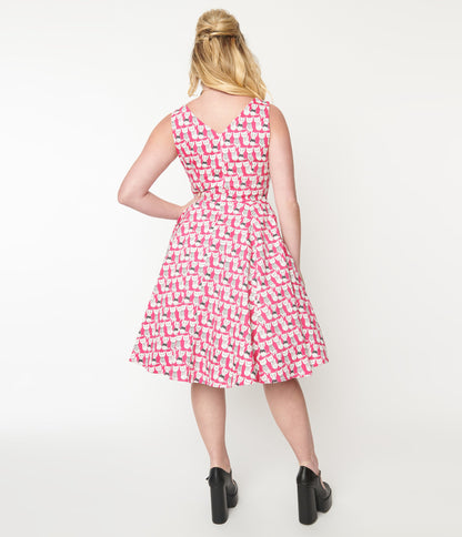 1950s Style Hot Pink Cat Print Sleeveless Swing Dress - Unique Vintage - Womens, DRESSES, SWING
