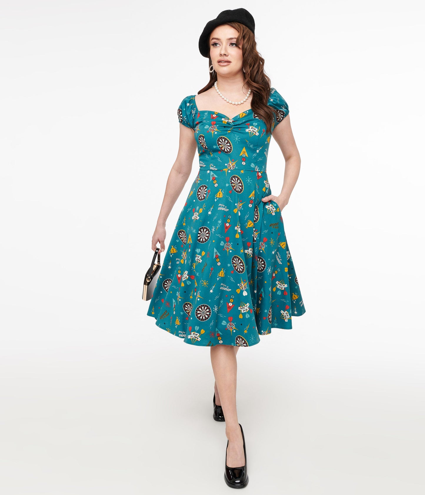 1950s Teal Dart Board Keep Em Flying Cotton Swing Dress - Unique Vintage - Womens, DRESSES, SWING