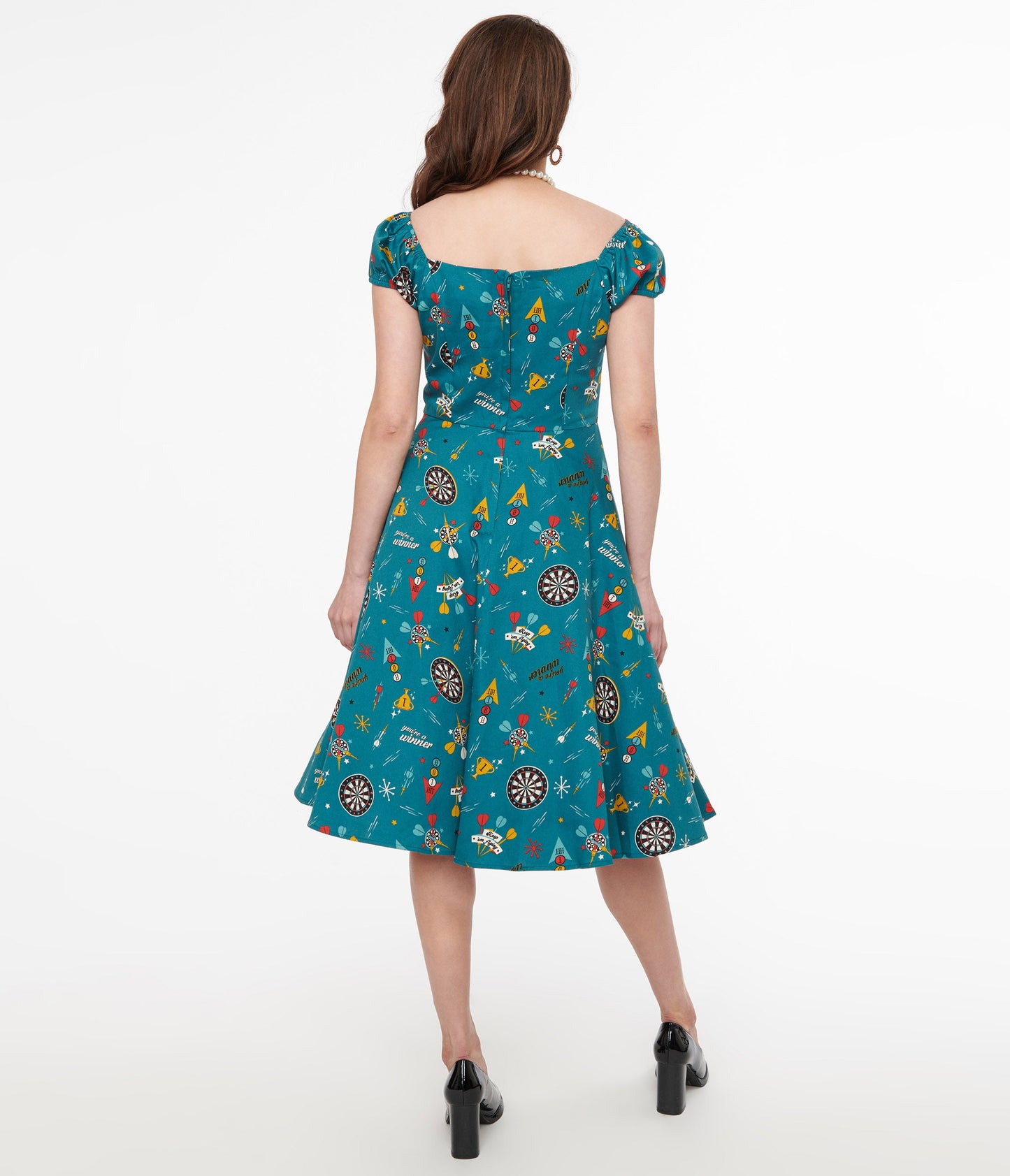 1950s Teal Dart Board Keep Em Flying Cotton Swing Dress - Unique Vintage - Womens, DRESSES, SWING