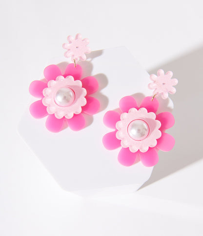 1960s Pink Flower Acrylic Drop Earrings - Unique Vintage - Womens, ACCESSORIES, JEWELRY