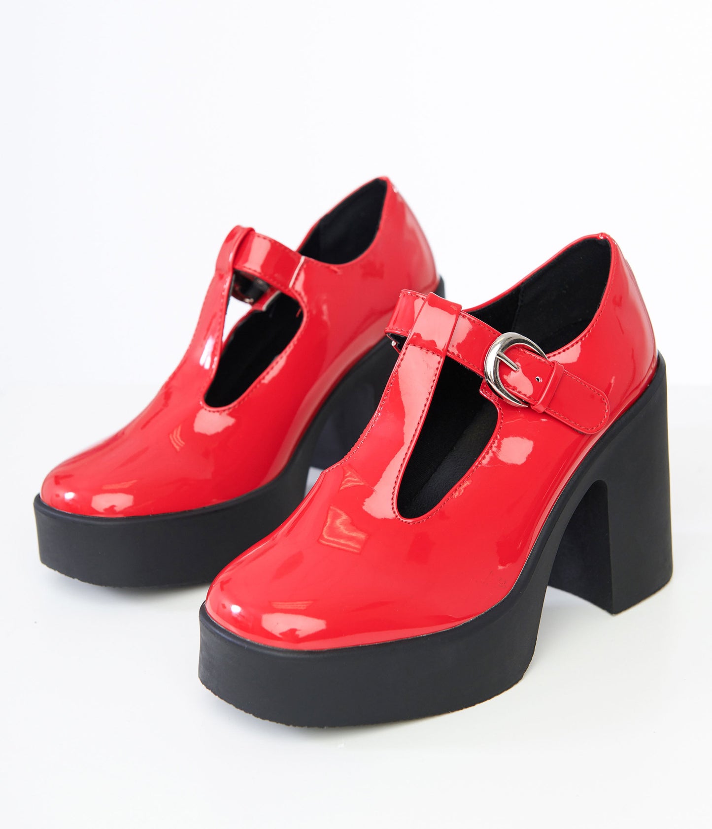 1960s Red Patent Leatherette T-Strap Platforms - Unique Vintage - Womens, SHOES, HEELS