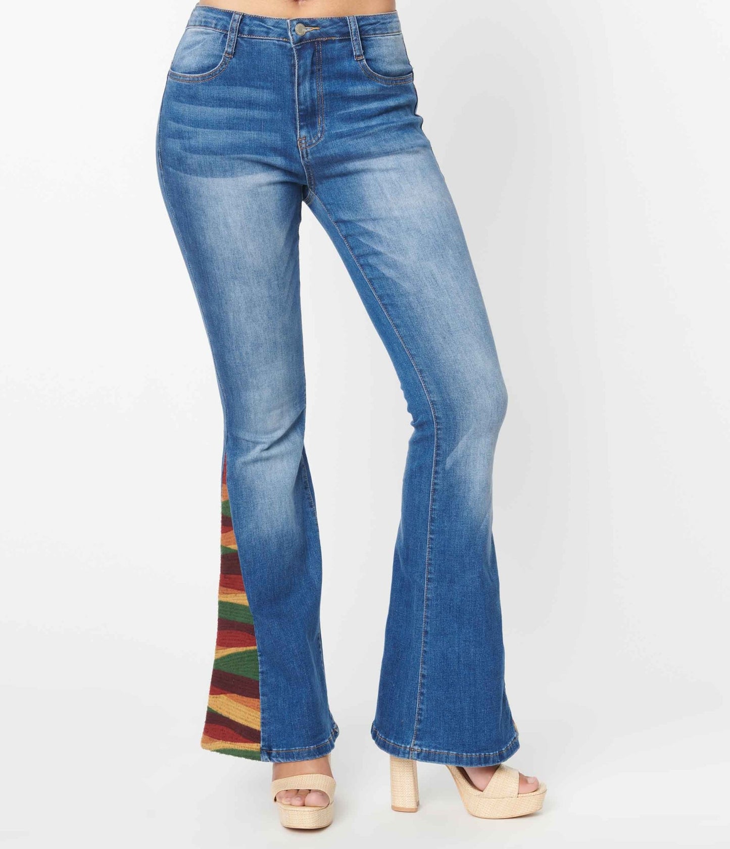 1970s Blue Denim Sun Embroidered Jeans - Unique Vintage - Womens, BOTTOMS, JEANS