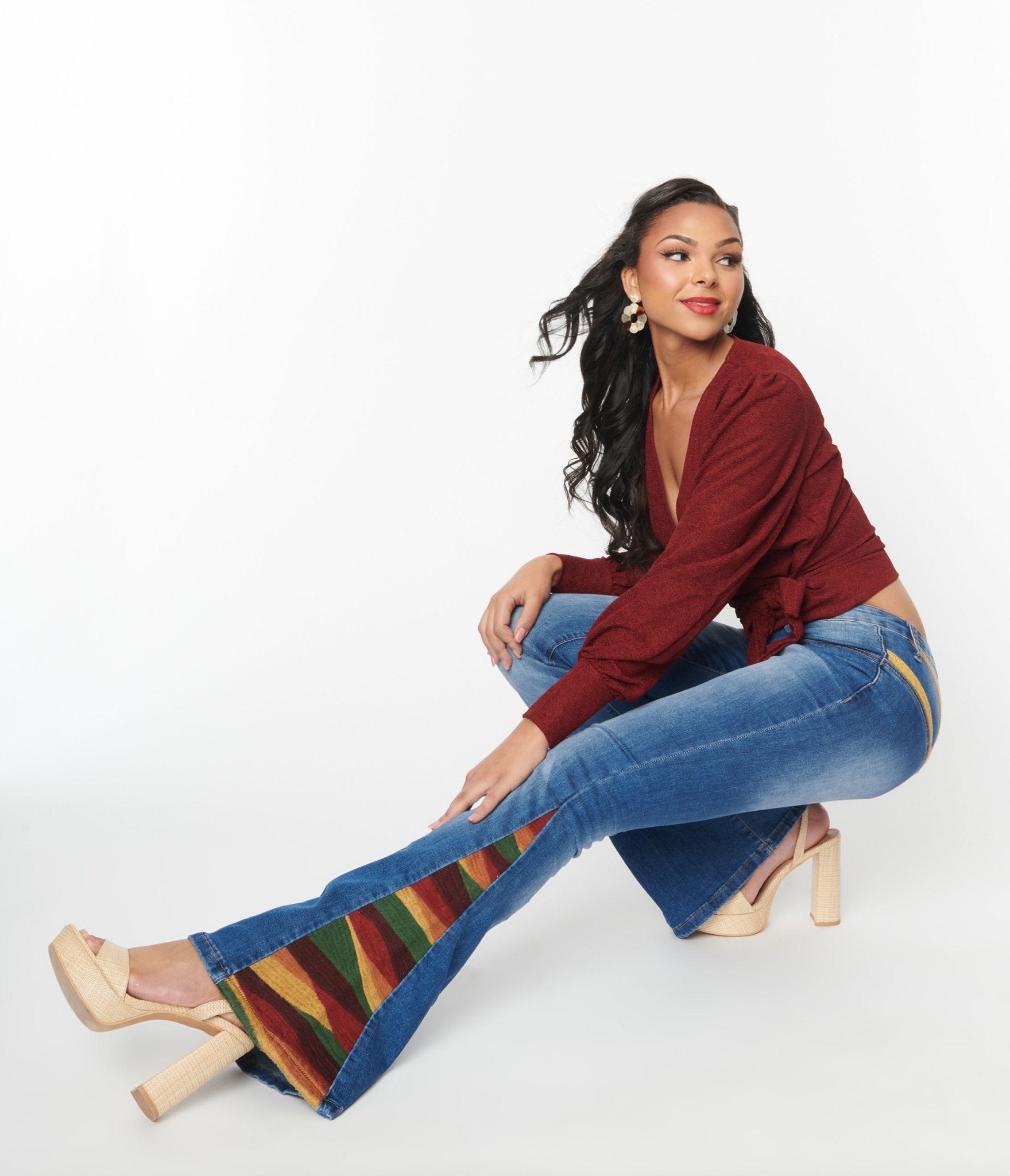 1970s Blue Denim Sun Embroidered Jeans - Unique Vintage - Womens, BOTTOMS, JEANS