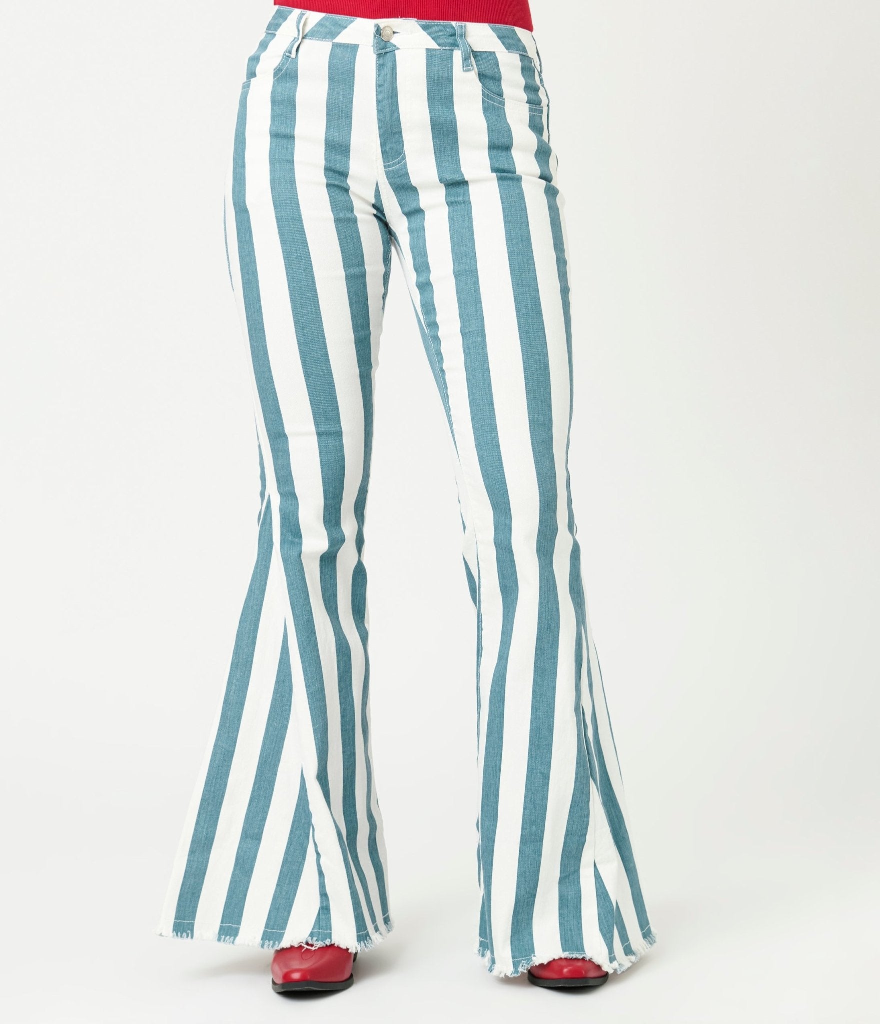 1970s Deep Teal Striped Bell Bottom Jeans - Unique Vintage - Womens, BOTTOMS, JEANS