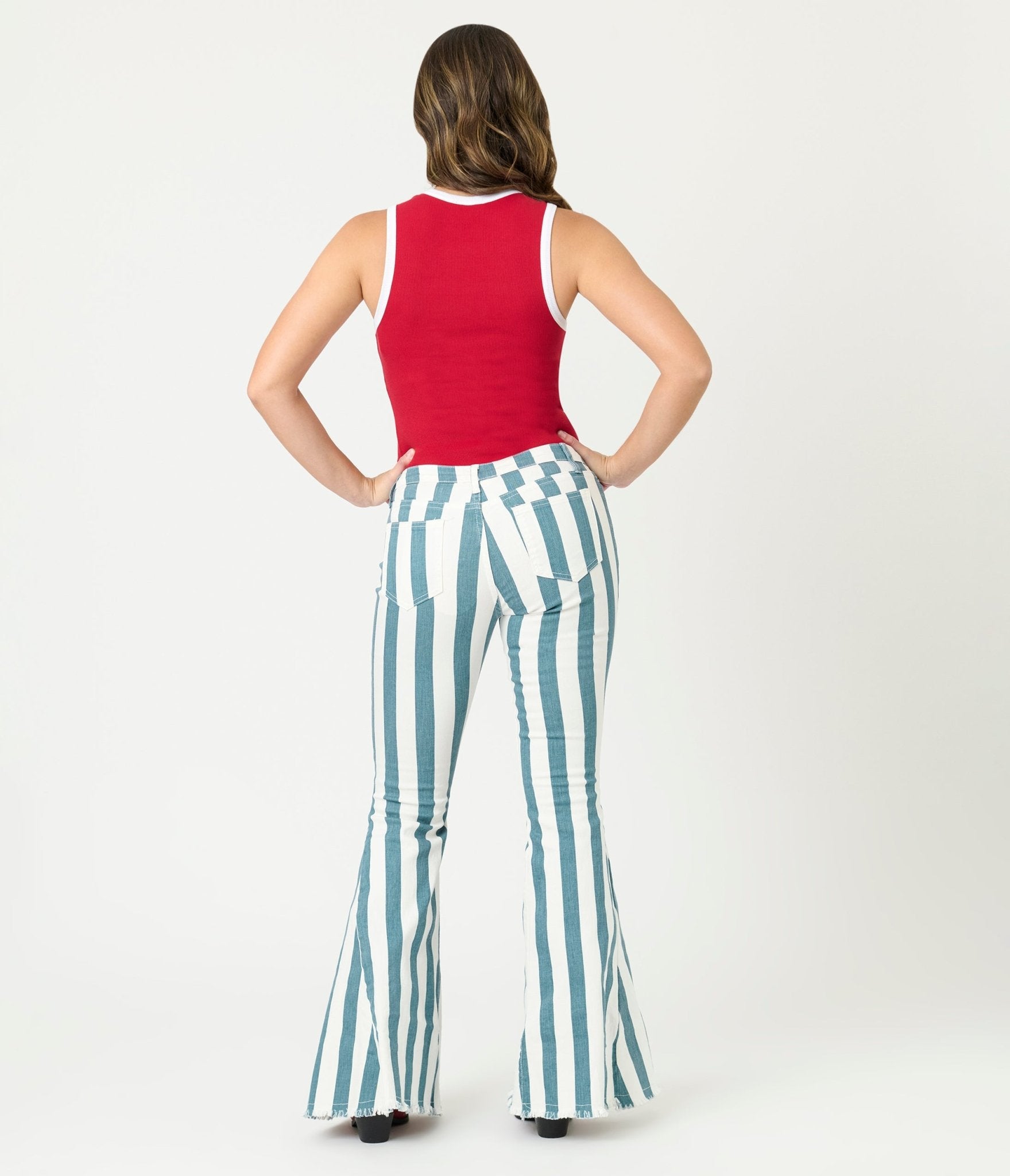 1970s Deep Teal Striped Bell Bottom Jeans - Unique Vintage - Womens, BOTTOMS, JEANS