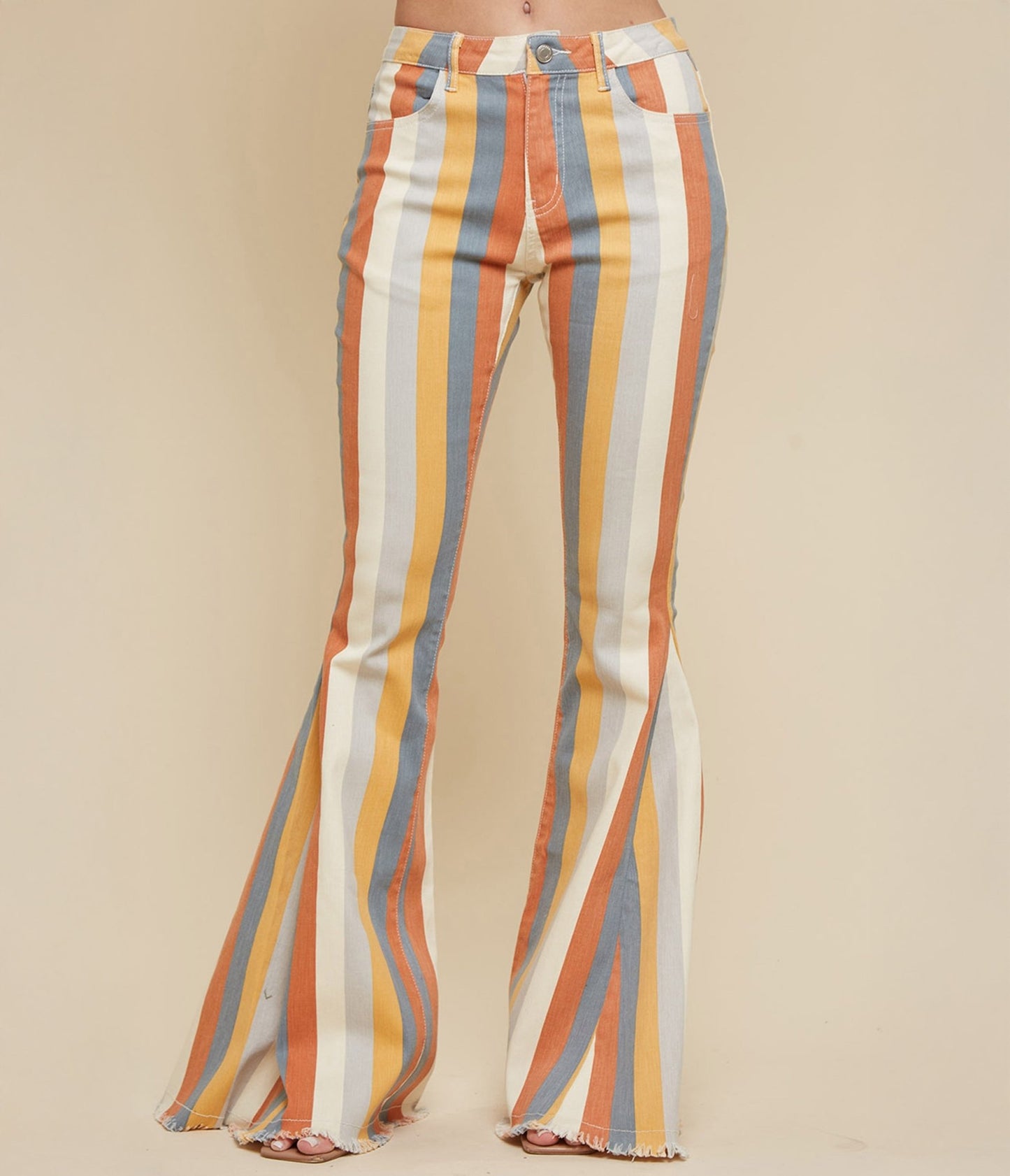 1970s Multicolor Earth Striped Bell Bottom Jeans - Unique Vintage - Womens, BOTTOMS, JEANS