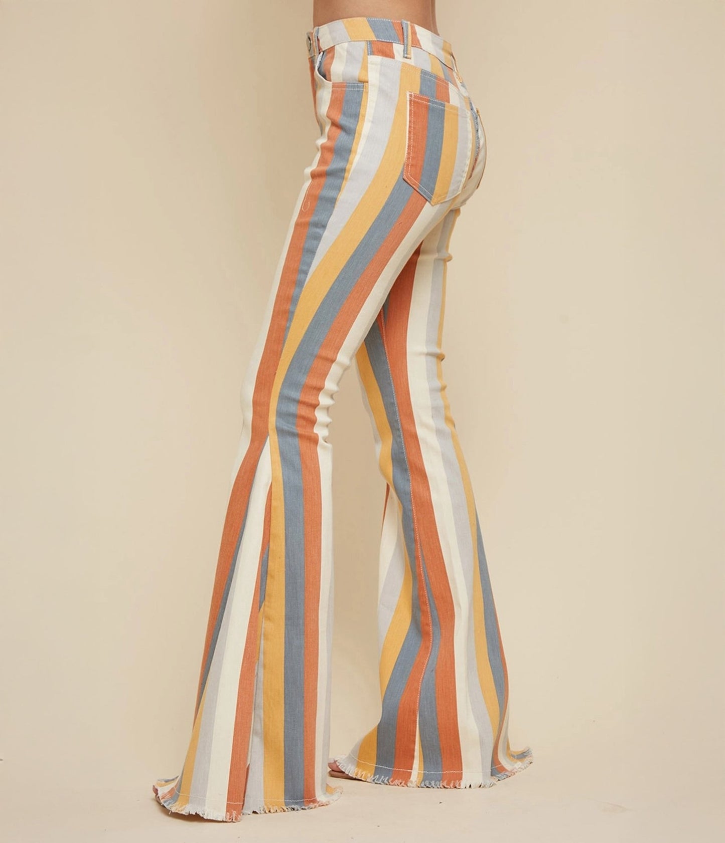 1970s Multicolor Earth Striped Bell Bottom Jeans - Unique Vintage - Womens, BOTTOMS, JEANS