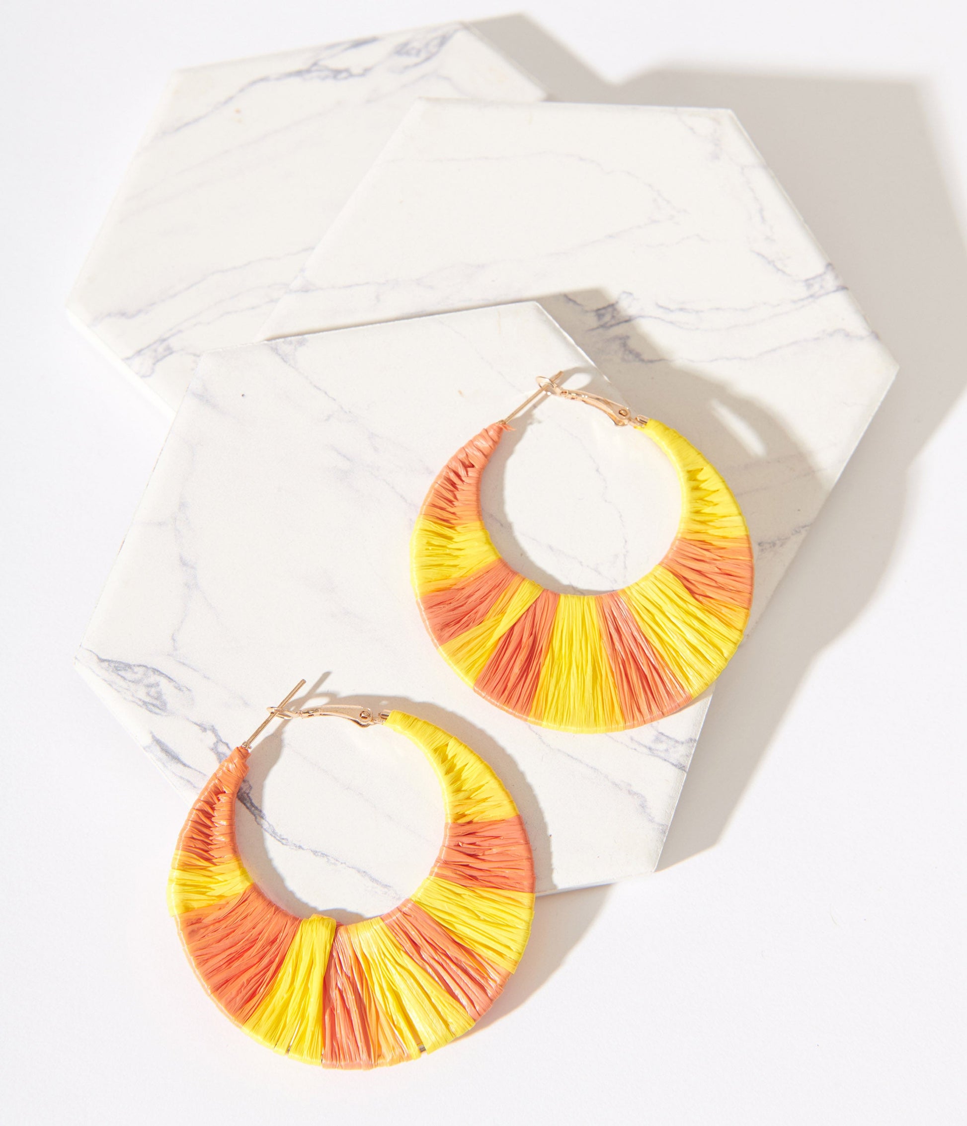 1970s Orange & Yellow Thread Crescent Earrings - Unique Vintage - Womens, ACCESSORIES, JEWELRY