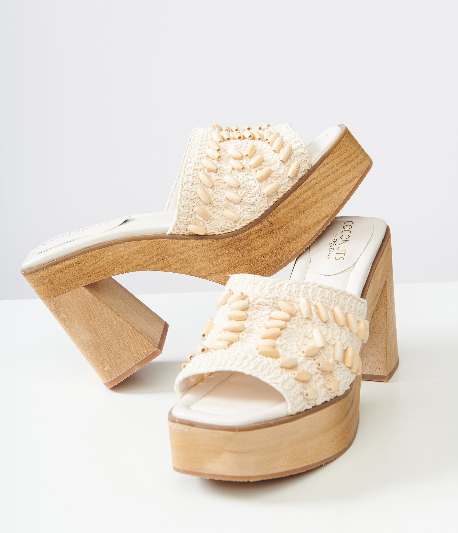 1970s White Beaded Crochet Glenn Platform Heels - Unique Vintage - Womens, SHOES, SANDALS