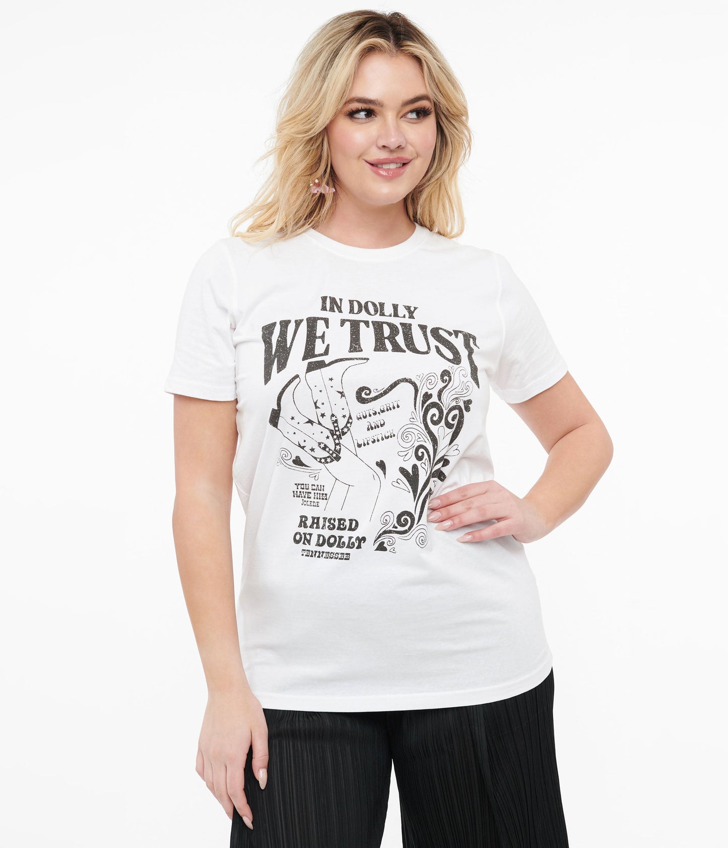 1970s White & Black In Dolly We Trust Fitted Graphic Tee - Unique Vintage - Womens, GRAPHIC TEES, TEES