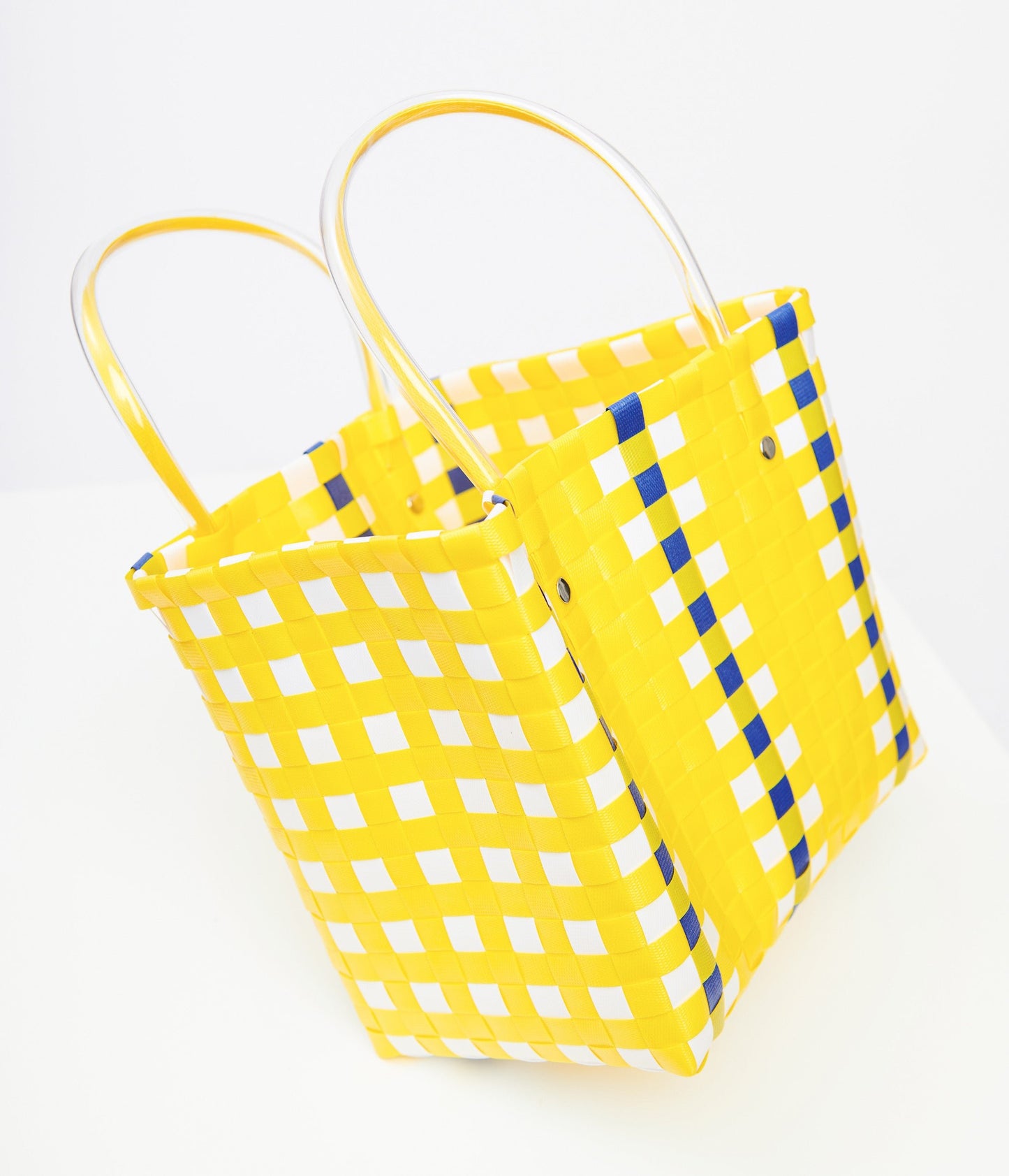 1970s Yellow & Blue Woven Basket Bag - Unique Vintage - Womens, ACCESSORIES, HANDBAGS