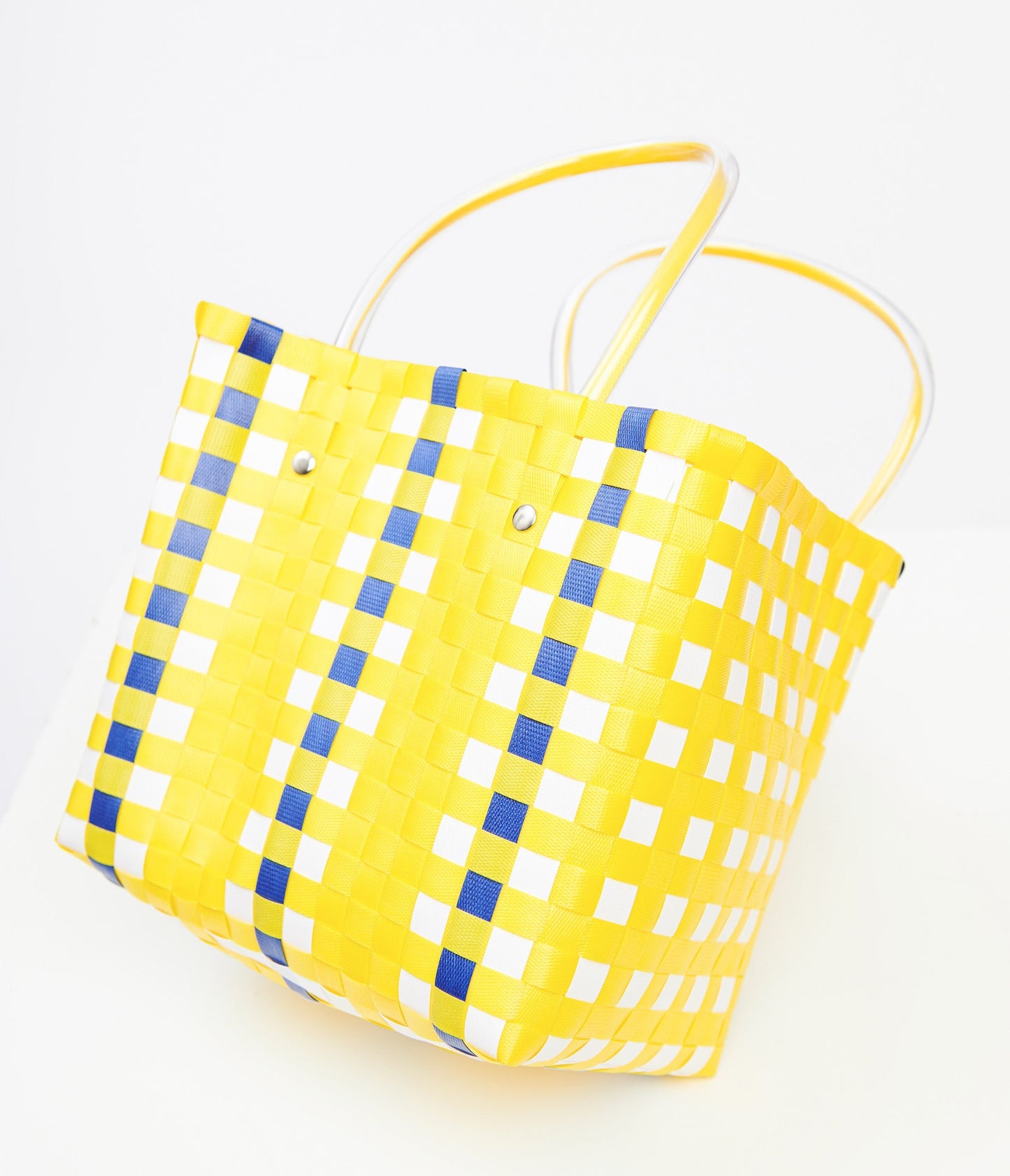 1970s Yellow & Blue Woven Basket Bag - Unique Vintage - Womens, ACCESSORIES, HANDBAGS