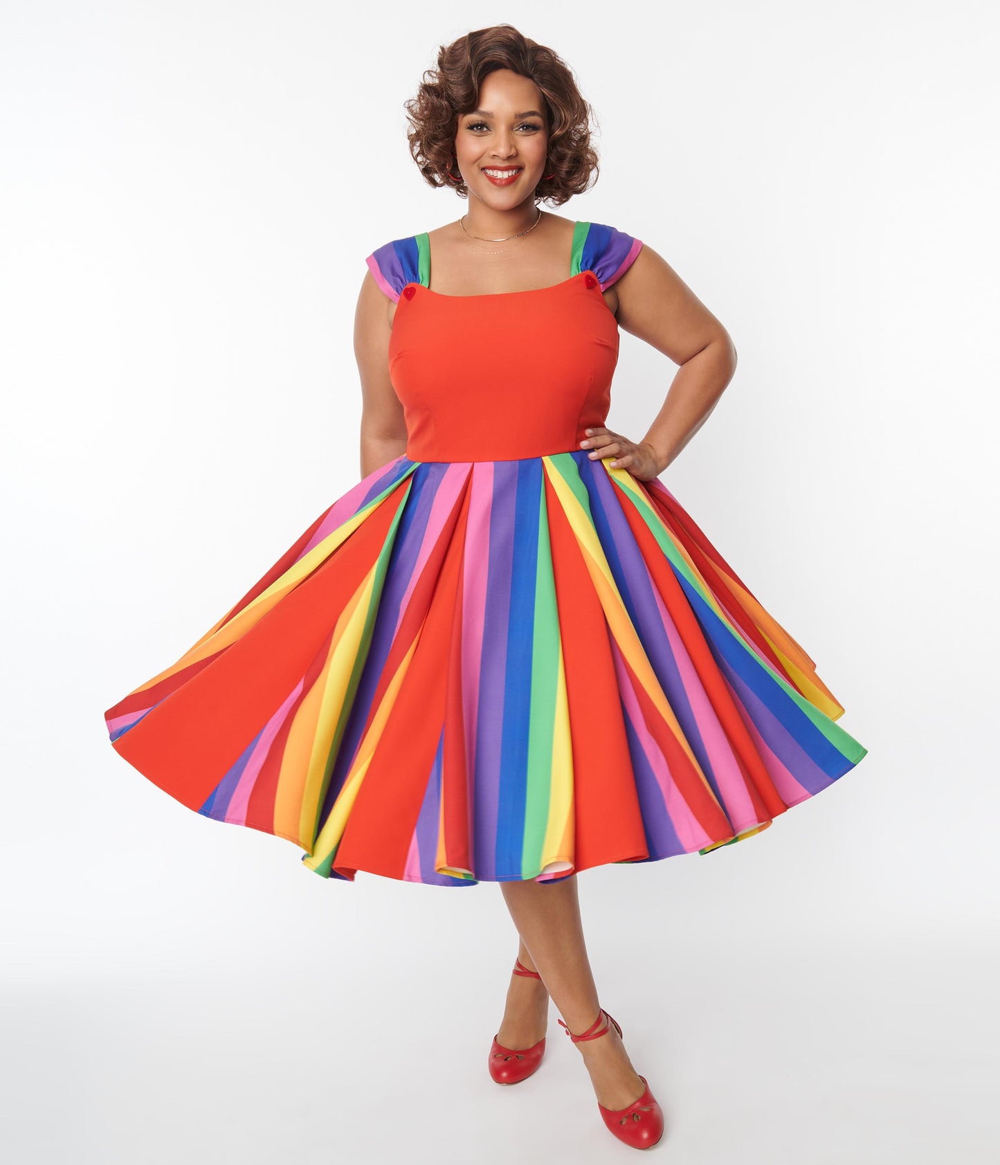 Unique Vintage Plus Size Red & Rainbow Stripe Swing Dress - Unique Vintage - Womens, DRESSES, SWING