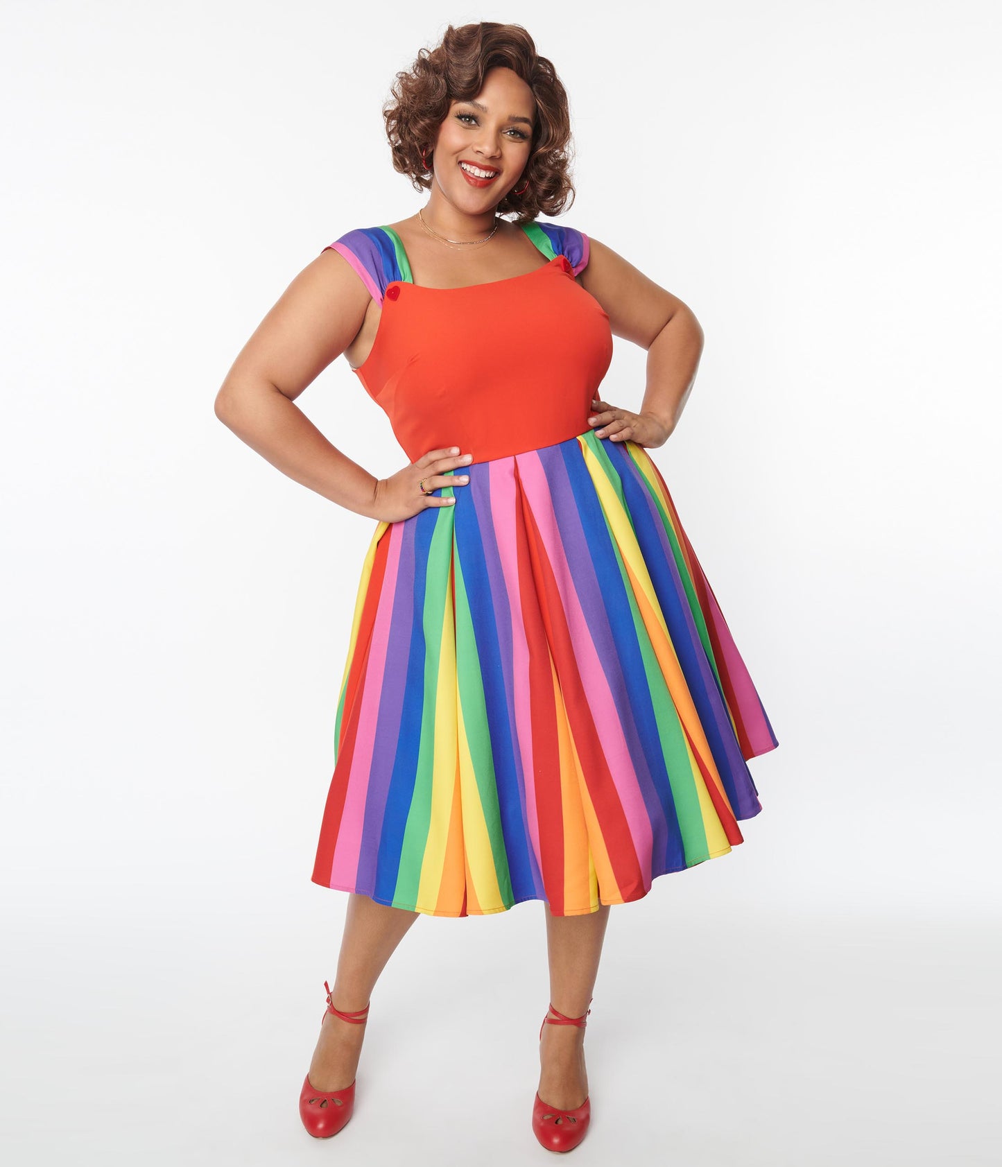 Unique Vintage Plus Size Red & Rainbow Stripe Swing Dress - Unique Vintage - Womens, DRESSES, SWING