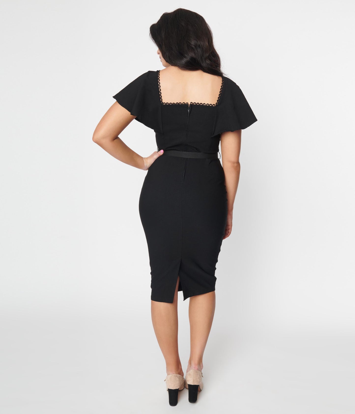 Unique Vintage 1940s Black Flutter Sleeve Sweetheart Wiggle Dress