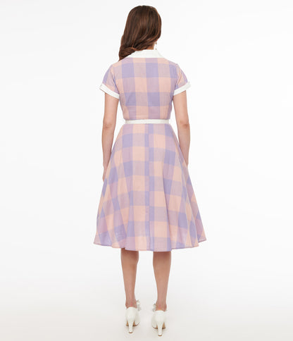 Unique Vintage 1950s Lavender & Pink Gingham Cotton Alexis Swing Dress