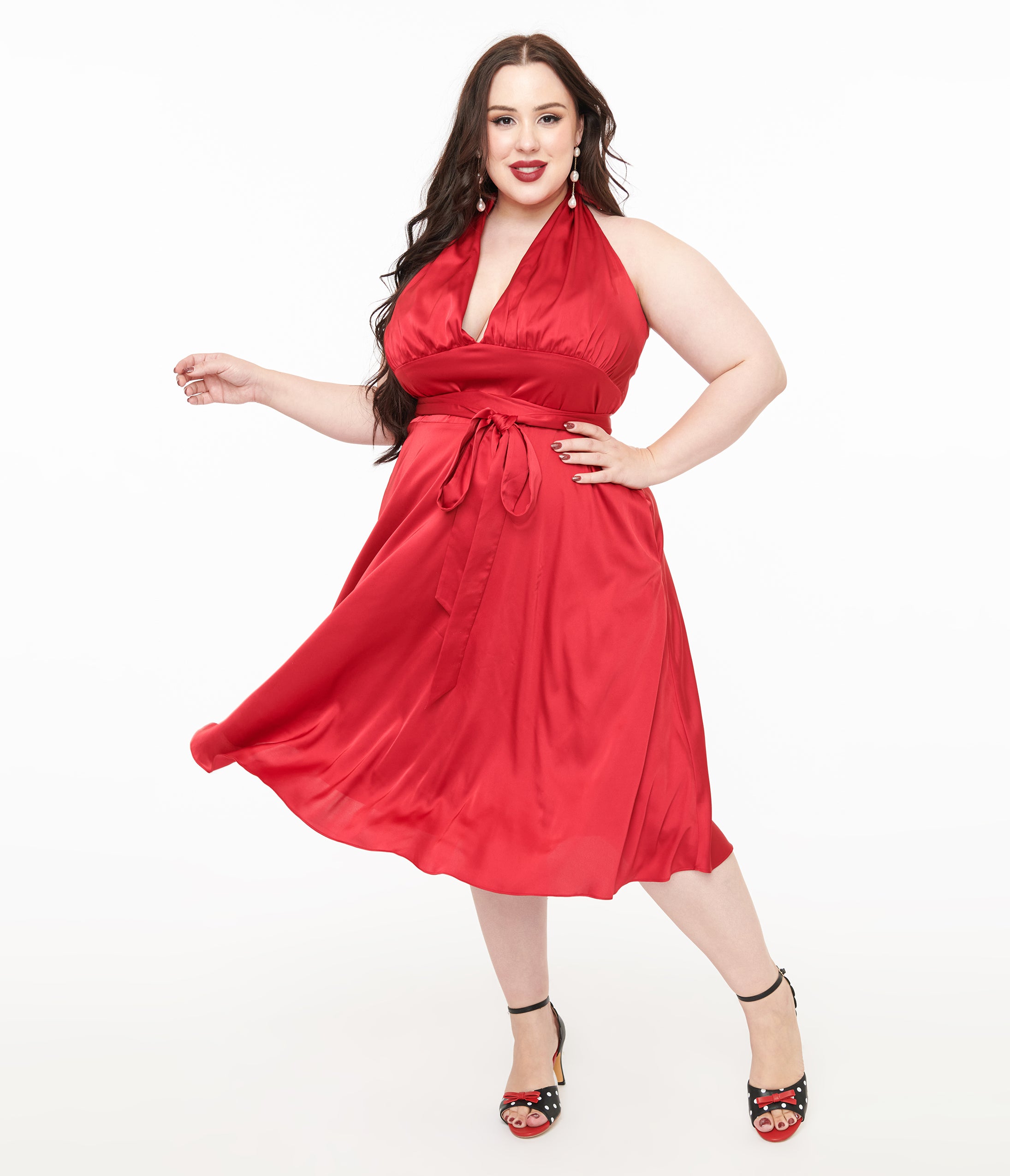 plus size red cocktail dress Unique Vintage Plus Size Red Satin Halter Swing Dress