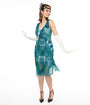 Unique Vintage 1920s Style Teal Hand Beaded Fringe Bosley Flapper Dress