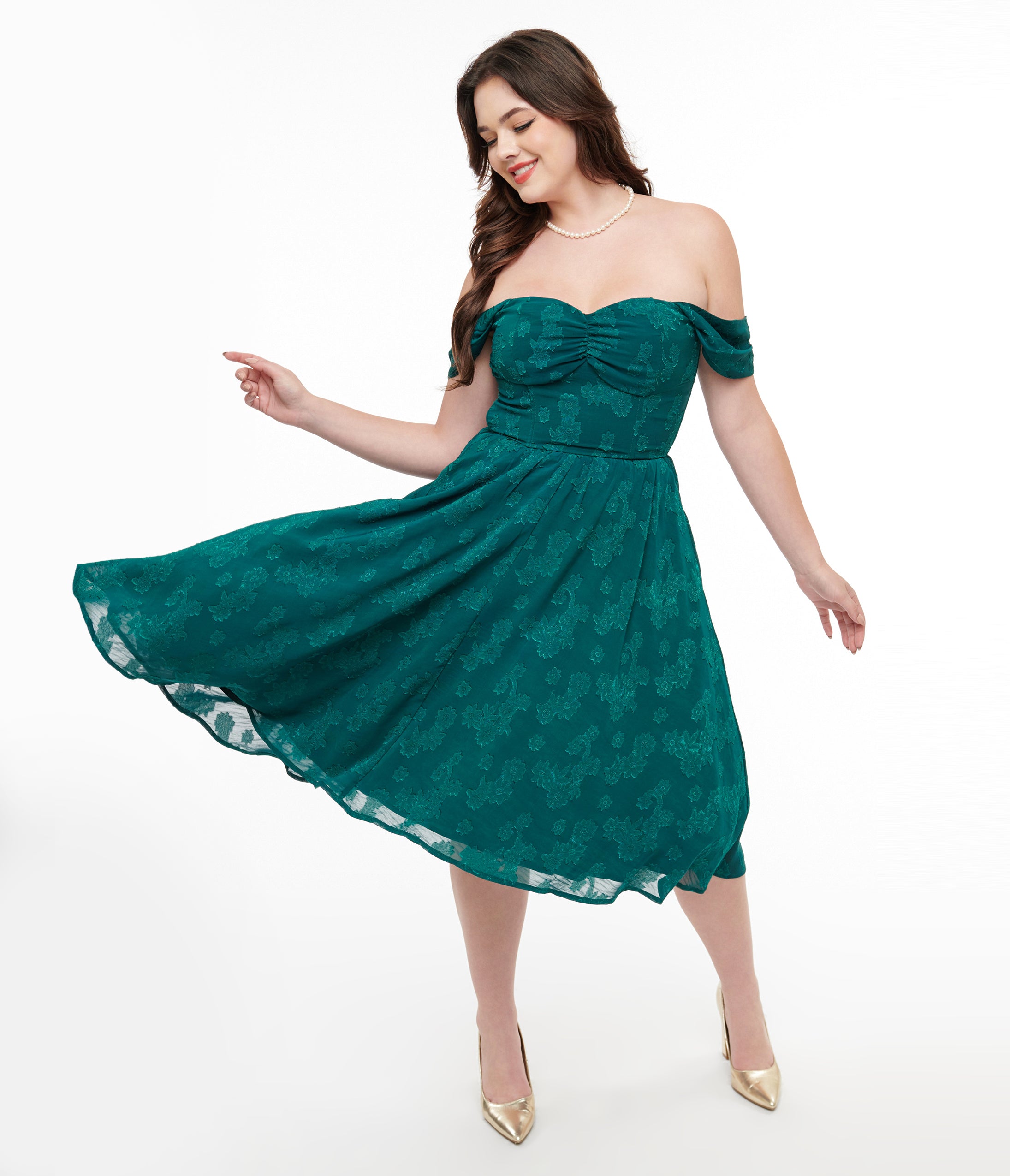 Unique Vintage 1950s Teal Jacquard Off Shoulder Flare Dress Unique Vintage 1950s Teal Jacquard Off Shoulder Flare Dress