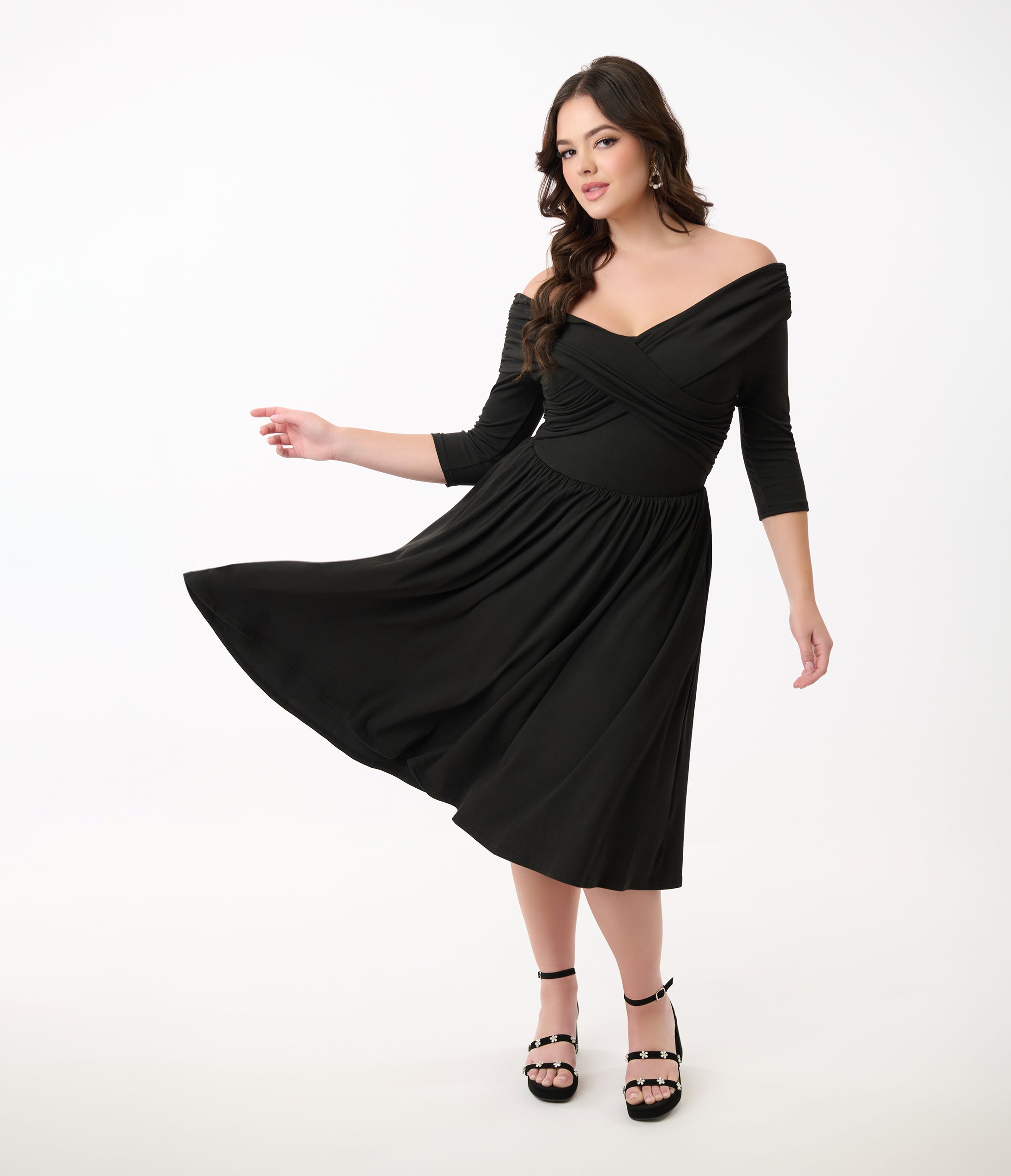 Unique Vintage Black Shirred Off Shoulder Swing Dress Unique Vintage Black Shirred Off Shoulder Swing Dress