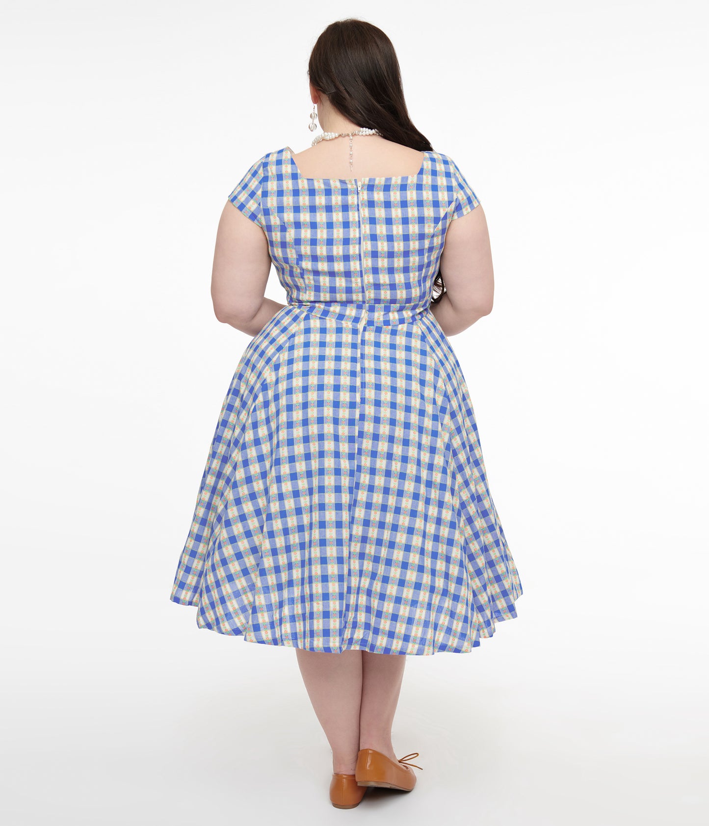 Magnolia Place Plus Size 1950s Blue Floral Gingham Anna Swing Dress
