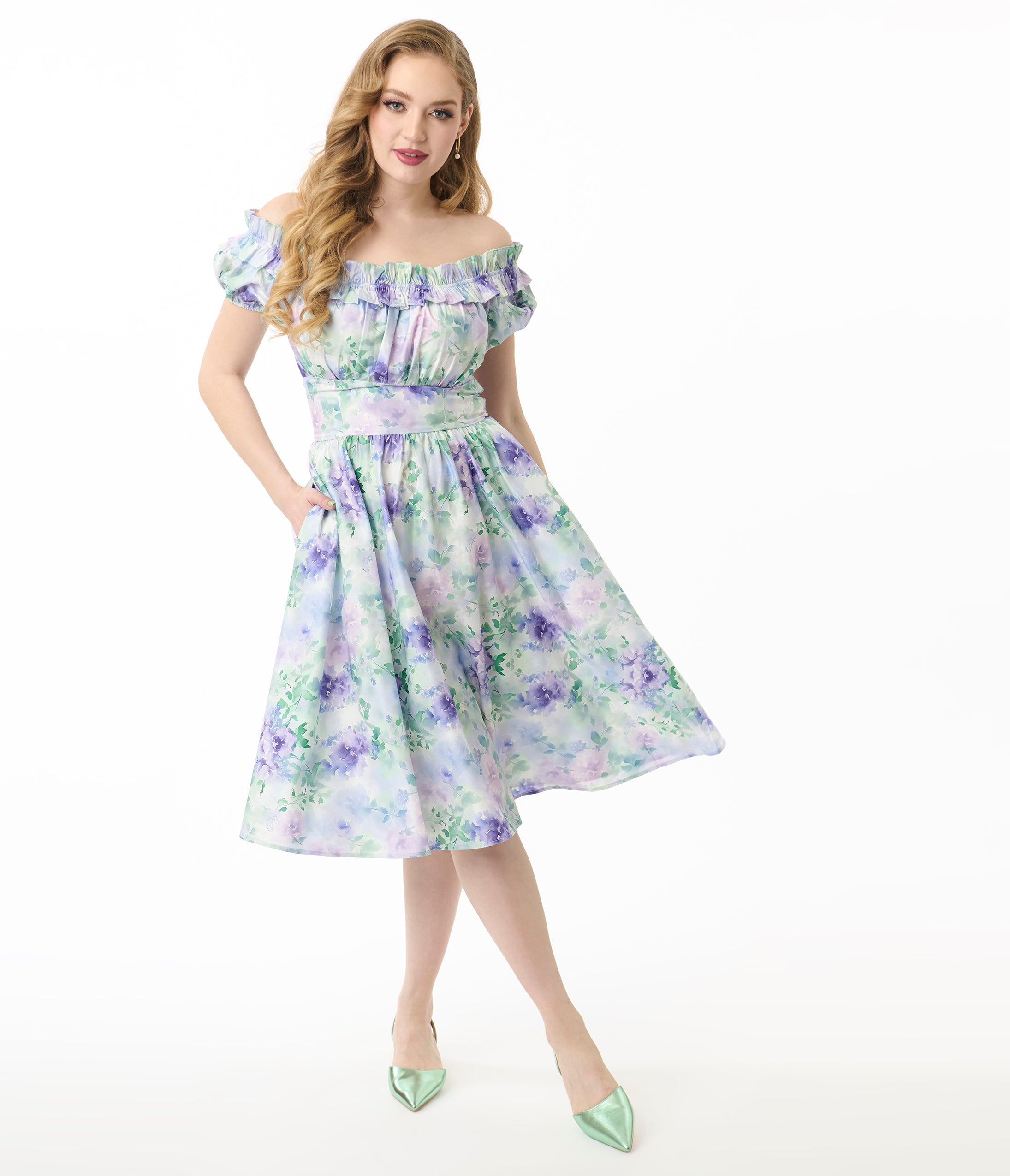 Unique Vintage 1950s Lavender Floral Off The Shoulder Ruffle Swing Dre