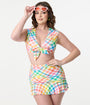 Unique Vintage Rainbow Gingham Ruched Alice Swim Skirt
