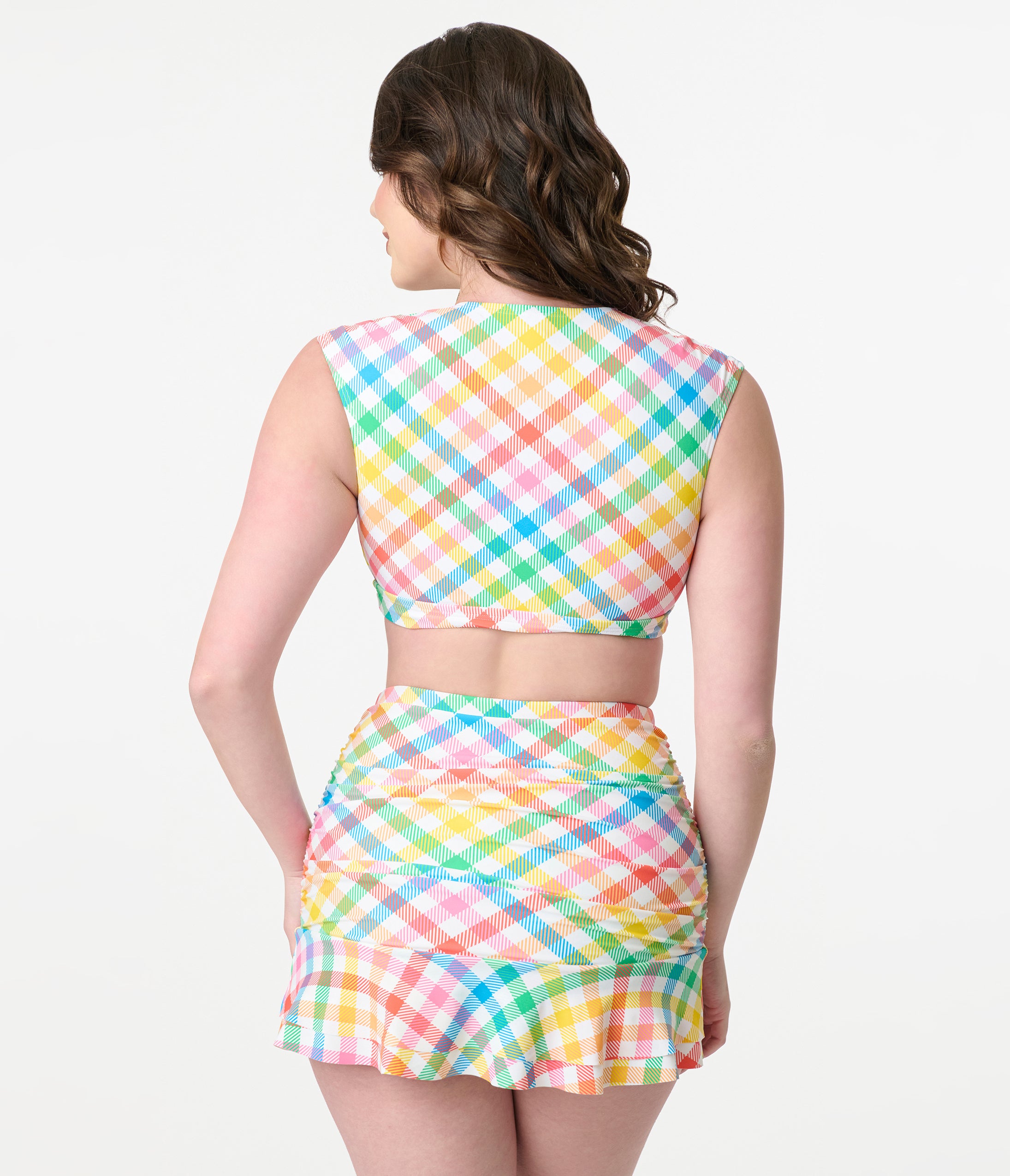 Unique Vintage Rainbow Gingham Ruched Alice Swim Skirt