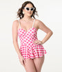 Unique Vintage Pink & White Gingham Skirted One Piece Swimsuit