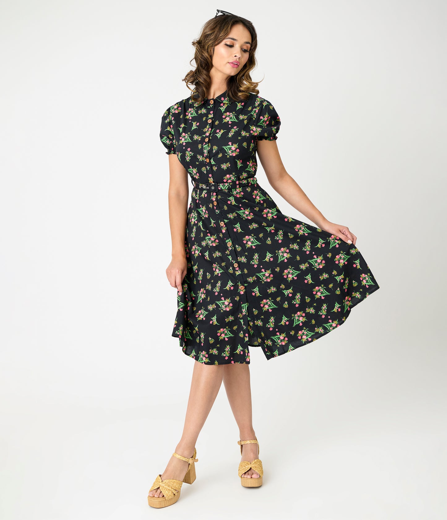 Royal Monk Black & Pink Floral Star Jules Flare Dress