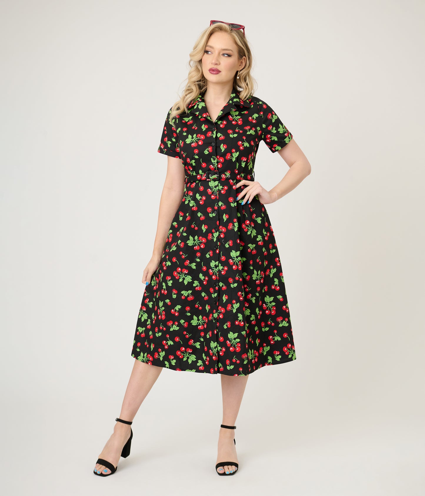 Royal Monk Black & Red Cherries Darla Swing Dress