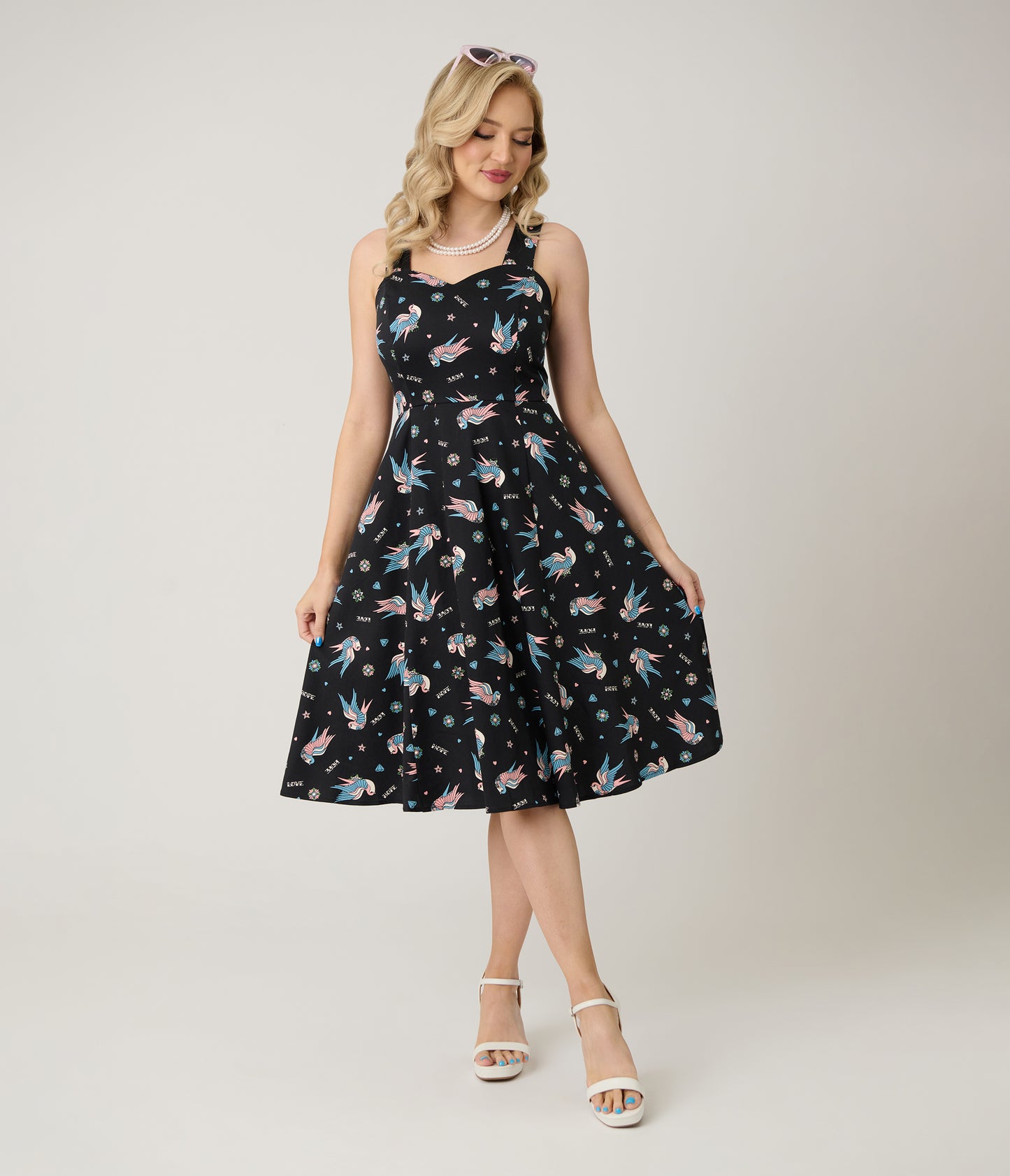 Royal Monk Black & Blue Swallow Print Marilou Swing Dress