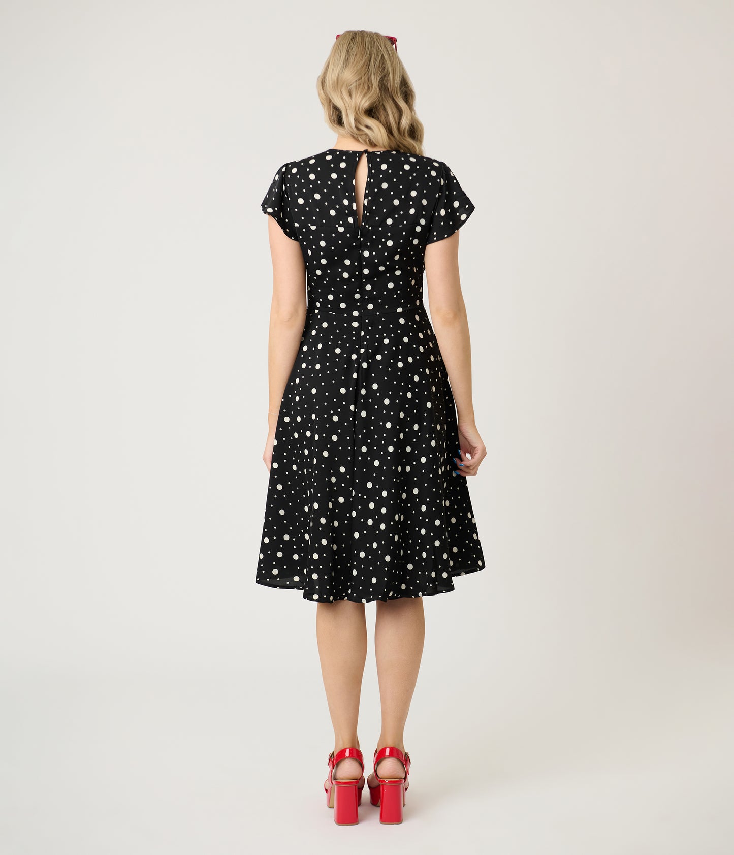 Voodoo Vixen Black & White Polka Dot Flutter Sleeve Fit & Flare Dress